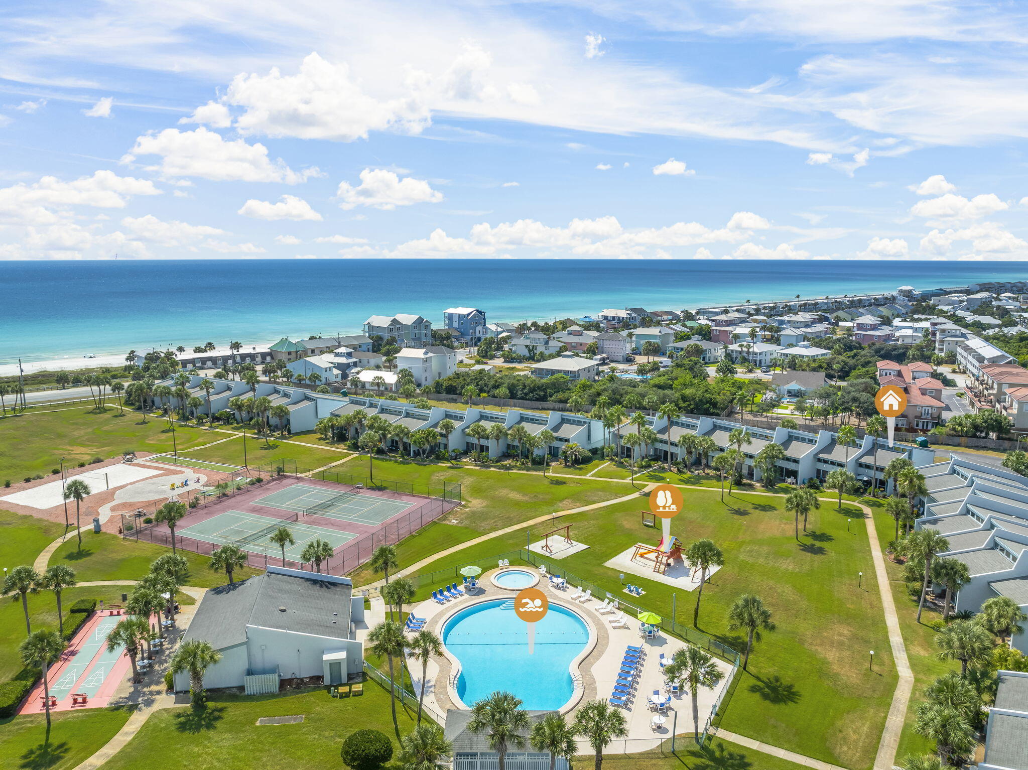 Gulf-Front Comfort Meets Coastal Charm! Welcome to your dream beach retreat in the highly sought-after Sunnyside Beach & Tennis Resort, where 350 feet of private beachfront and resort-style living come together on the quiet West End of Panama City Beach. This beautifully designed 2-bedroom, 2.5-bath condo offers the perfect balance of comfort and charm, making it ideal for full-time living, weekend escapes, or as a lucrative rental investment. Step inside and you'll find a bright, open-concept living space filled with natural light, soaring vaulted ceilings, and coastal finishes that instantly make you feel at home. The renovated kitchen features modern updates, a central island for meal prep and entertaining, and flows seamlessly into the dining and living areas. Sliding glass doors frame views of the community's picturesque amenities, creating a sense of connection between indoor comfort and outdoor leisure. Upstairs, a versatile loft area provides the perfect spot for a reading nook, creative workspace, or home office. The spacious primary suite boasts its own full bath, while the guest bedroom and additional full bath ensure privacy and convenience. A powder room on the main level adds thoughtful ease when hosting friends and family.
Outdoor living is just as inviting, with semi-private patios overlooking lush tropical landscaping; perfect for morning coffee, al fresco dining, or enjoying Gulf breezes at sunset. Recent upgrades such as LVP flooring throughout, modern lighting, and smart storage solutions create a fresh, practical, and stylish coastal vibe.
Life at Sunnyside Beach & Tennis Club is more than a residence - it's a lifestyle. Residents enjoy direct access to a private beach via a safe pedestrian tunnel under Front Beach Road, leading straight to sugar-white sand and emerald Gulf waters. Resort-style amenities include two community pools (one designed for kids), tennis and shuffleboard courts, volleyball, a playground, and a clubhouse with games and free WiFi, even on the beach. Expansive green spaces encourage evening strolls, laid-back afternoons, or simply soaking in the beauty of the Gulf. Dedicated parking, ample guest spaces, and boat/trailer storage options add convenience for both owners and guests.
Spread across nearly 18 acres of lush coastal grounds and pristine beachfront, Sunnyside is a rare gem that feels worlds away yet remains close to everything. You're just minutes from local dining and shops, Pier Park's vibrant entertainment district, and a short scenic drive from 30A with its art galleries, boutique shopping, and unique coastal culture.
Whether you're searching for a forever home, a relaxing family retreat, or a property with excellent rental potential, this condo has it all. Gulf views, private beach, resort amenities, and a prime West End location - this is where coastal dreams meet everyday reality.