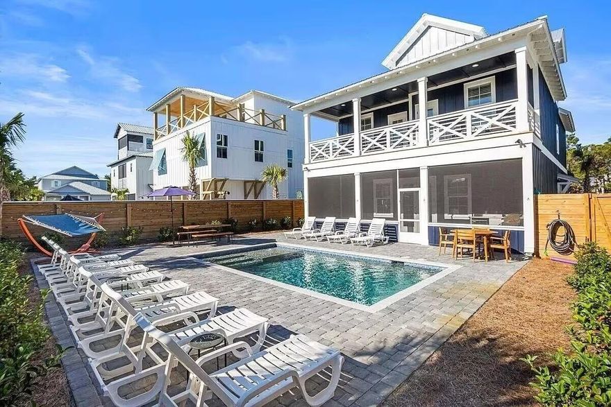 This beautiful 8 Bedroom - 8.5 Bathroom Vacation Rental Home with a built In Swimming Pool is truly a one of a kind Short Term Rental.  Every Guest has a KIng Size Bed with their own Private Bathroom, except for the Kid's Bunkroom, which of course has 2 Full Bunk Beds (Sleeps 8) and it's own Private Bathroom as well.  There is also an Individual Private Half Bath on the Main Floor, a Screened in Back Porch, and an outside Private Shower that you can use when returning from the beach.  There are 8 Parking Places.  This home is a 5 minute walk to the most beautiful Beach in the World, and you enter the Beach via your own Private Community Gate.  This home is centrally located to some of the best Shopping in the area. This home is in the Villages of Frangista Beach, a gated community!!!