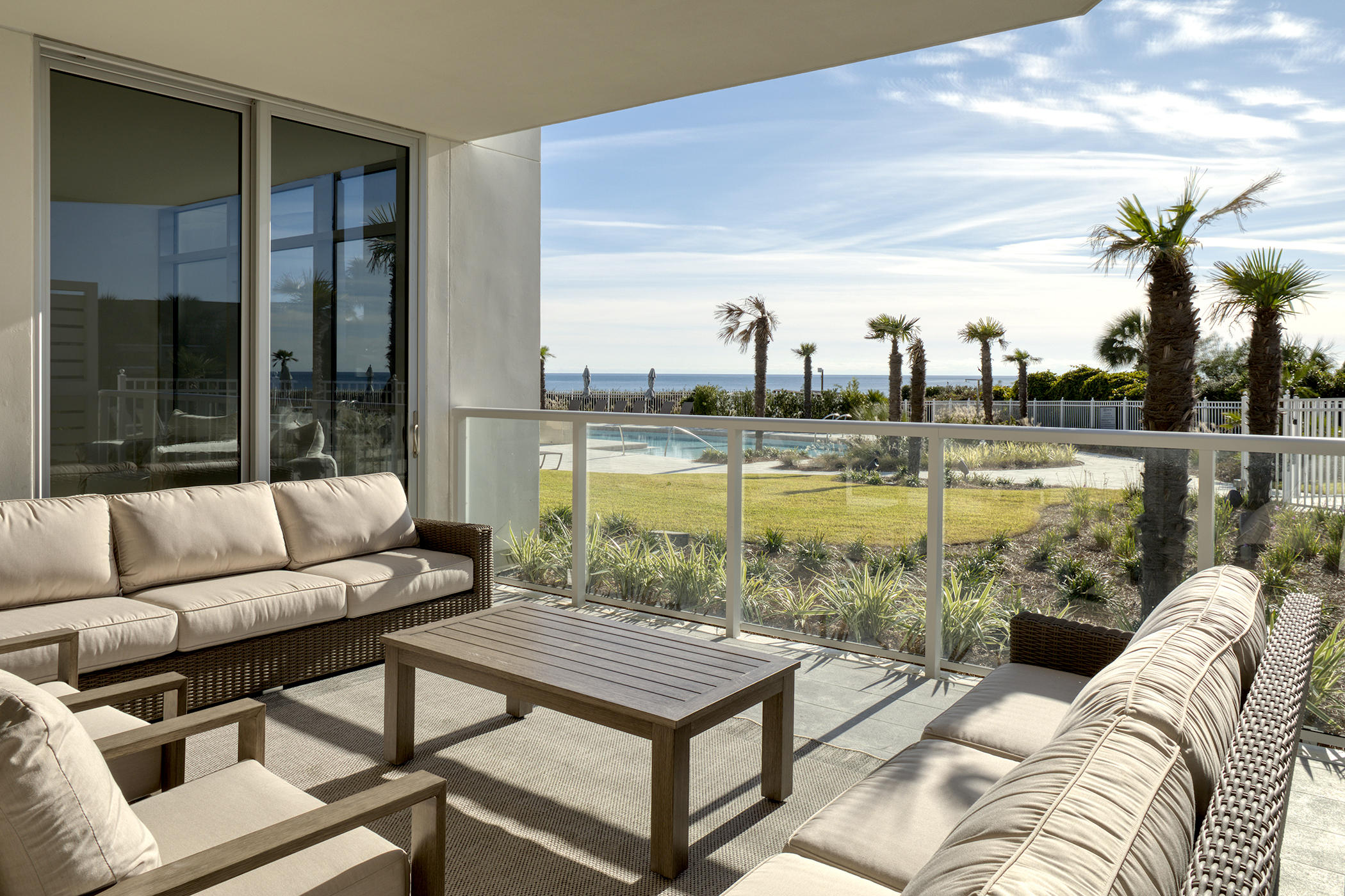 Residence 102 offers convenient gulf-front access to all the amenities, including the pool, summer kitchen, fire pit and the fitness center. Inside the residence, both the living room and master suite provide direct pool and gulf views with access to the 319 sf terrace. All three bedrooms include space for a seating area and the study provides a flexible space for a variety of uses.Beach chair service on the 335' of beach frontage is included as part of the association dues. These amenities plus an on-site building manager and 30-day minimum rentals provides the ultimate beach-front lifestyle experience. Other amenities include private elevators, underground parking with owner storage areas, and association provided golf carts.
