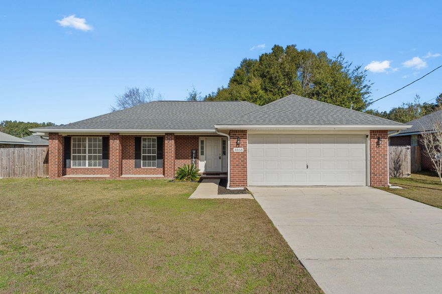 Welcome home to this perfectly located Pace retreat with no HOA! Have peace of mind with this move in ready home featuring a 2020 roof, a new 2022 HVAC system, and a water heater that will be replaced prior to closing! Conveniently located near Pace High School, Benny Russell Park, less than 30 minutes to Pensacola International Airport, and near plenty of restaurants, shopping, and the Emerald Coast's beautiful beaches! This all brick beauty features four bedrooms and two bathrooms in a split floor plan on a large lot. Enter the front door and you'll find closet storage at the entryway as it opens to the spacious living room with a vaulted ceiling and updated ceiling fan. One bedroom is located off the living room perfect for a 4th bedroom, office, playroom, or man cave! Down the hallway you'll find two more bedrooms and a shared bath. The kitchen is open to an eat in kitchen space and features plenty of white cabinets and stainless steel appliances along with a designated pantry. From the kitchen you'll enter into the interior laundry room that leads to the two car garage. The owner's suite is a great size and the master bath showcases double vanities, a shower/tub combo, private water closet, and a walk-in closet. Outside you'll enjoy a spacious fenced in backyard complete with a storage building for additional convenience! Welcome home to Spencer Oaks Landing! you'll find two more bedrooms and a shared bath. The kitchen is open to an eat in kitchen space and features plenty of white cabinets and stainless steel appliances along with a designated pantry. From the kitchen you'll enter into the interior laundry room that leads to the two car garage. The owner's suite is a great size and the master bath showcases double vanities, a shower/tub combo, private water closet, and a walk-in closet. Outside you'll enjoy a spacious fenced in backyard complete with a storage building for additional convenience! Welcome home to Spencer Oaks Landing!