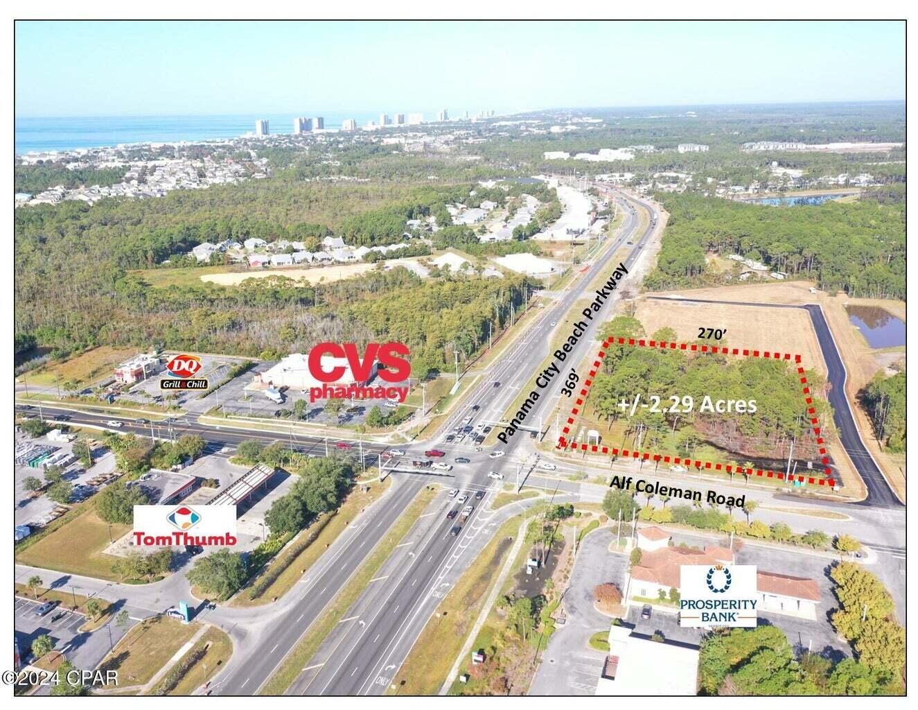 The best corner location available in Panama City Beach and Bay County. Located at the northwest corner of Panama City Beach Parkway an d Alf Coleman Road. Signalized intersection. New access road to new retail breaking ground to the west (to be announced). The +/-2.29 Acre site measures approximately 369 feet of frontage by 270 feet deep. The site measurements will be confirmed upon receipt of the survey. The average daily traffic count is 52,000. Zoned Commercial High Intensity (CH) within the City limits of Panama City Beach. There is a tremendous amount of interest in the property already. Woodlawn Church will retain a sign easement on the property for the existing Woodlawn Chruch sign. The seller will provide a deadline for offers after we receive the new survey.