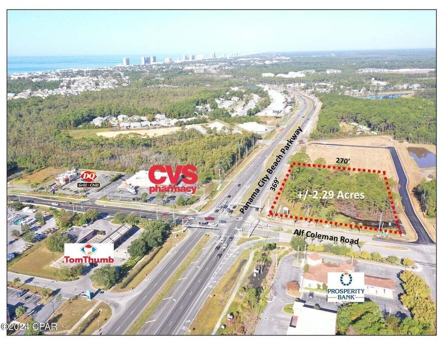 The best corner location available in Panama City Beach and Bay County. Located at the northwest corner of Panama City Beach Parkway an d Alf Coleman Road. Signalized intersection. New access road to new retail breaking ground to the west (to be announced). The +/-2.29 Acre site measures approximately 369 feet of frontage by 270 feet deep. The site measurements will be confirmed upon receipt of the survey. The average daily traffic count is 52,000. Zoned Commercial High Intensity (CH) within the City limits of Panama City Beach. There is a tremendous amount of interest in the property already. Woodlawn Church will retain a sign easement on the property for the existing Woodlawn Chruch sign. The seller will provide a deadline for offers after we receive the new survey.