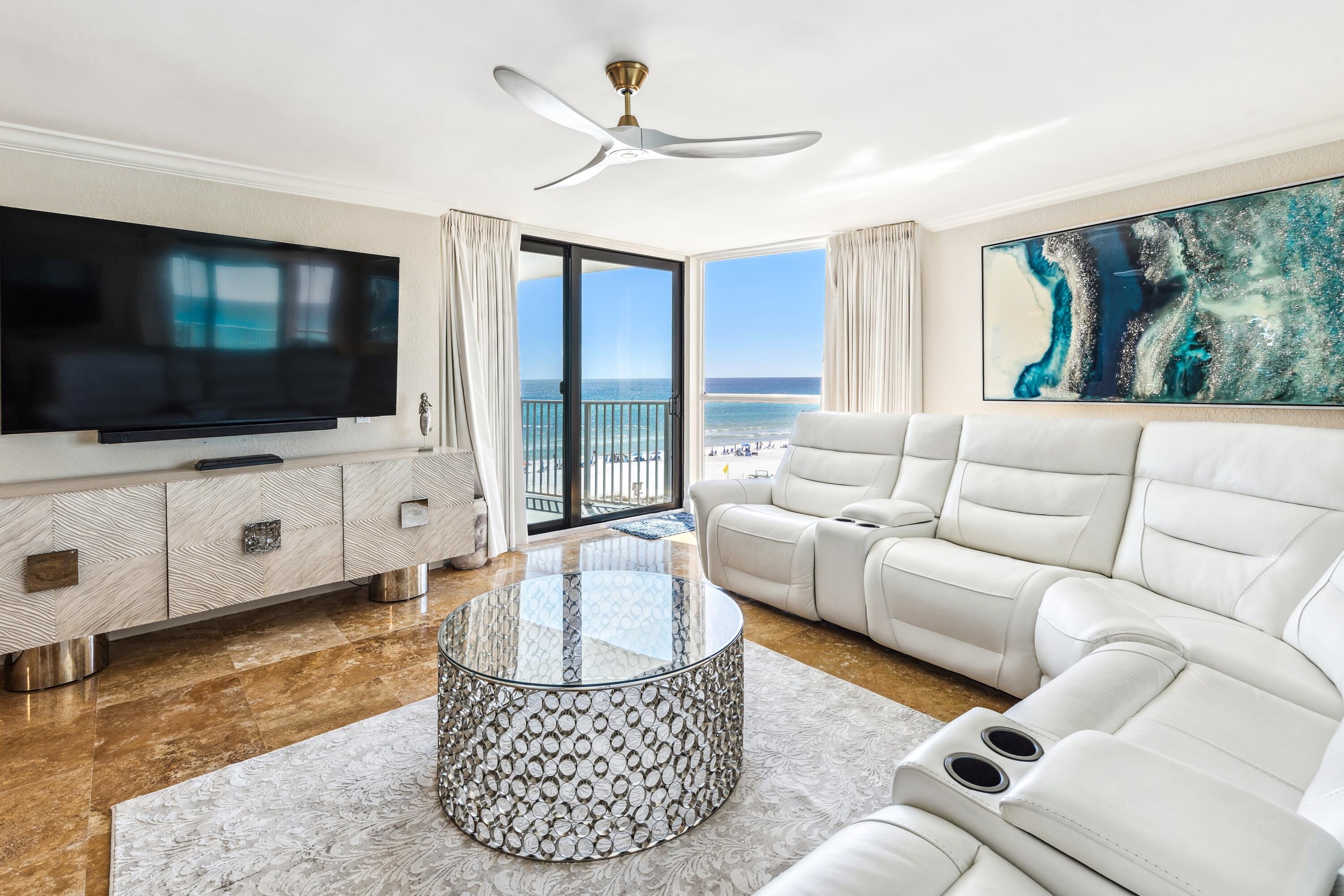 Stunning views from this west facing 4th floor unit in Building 1, nearest to beach Enjoy full on Gulf views from the living area, master bedroom, and nice sized deck. Comes fully furnished, and turnkey with brand new premium furniture. Features to enjoy are new hot water tank, new carpet, instant hot water at kitchen sink,, new washer, dryer, and stainless appliances. HVAC installed 2021. Quartz countertops in baths, kitchen and bar area. Mainsail amenities offer tennis, private beach, chair & umbrella for owners, pool, hot tub, grills complete with a secure guard gate. This is an amazing choice whether it is an investment property, or for private use. Prime location close to Outlet Mall, CVS, and restaurants. This property has a WOW factor from the moment you walk in!