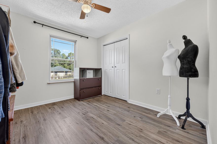 VA assumable loan at 2.65%. This 3-bedroom 2.5-bathroom home features a 2024 roof with warranty, window warranty, and ALL-NEW kitchen appliances. Relax or entertain in the enclosed Florida room. The 2-car garage includes a workbench, storage room & laundry hookups. Sprinkler system & shed sold as-is plus an outdoor shed for extra storage. Excellent location within minutes of I-10, 77th SFG, Eglin AFB, Hurlburt Field, Duke Field, A+ Schools, Walmart & Crestview Commons. 2005 Stingray boat (at no value to the real property) is negotiable with purchase!