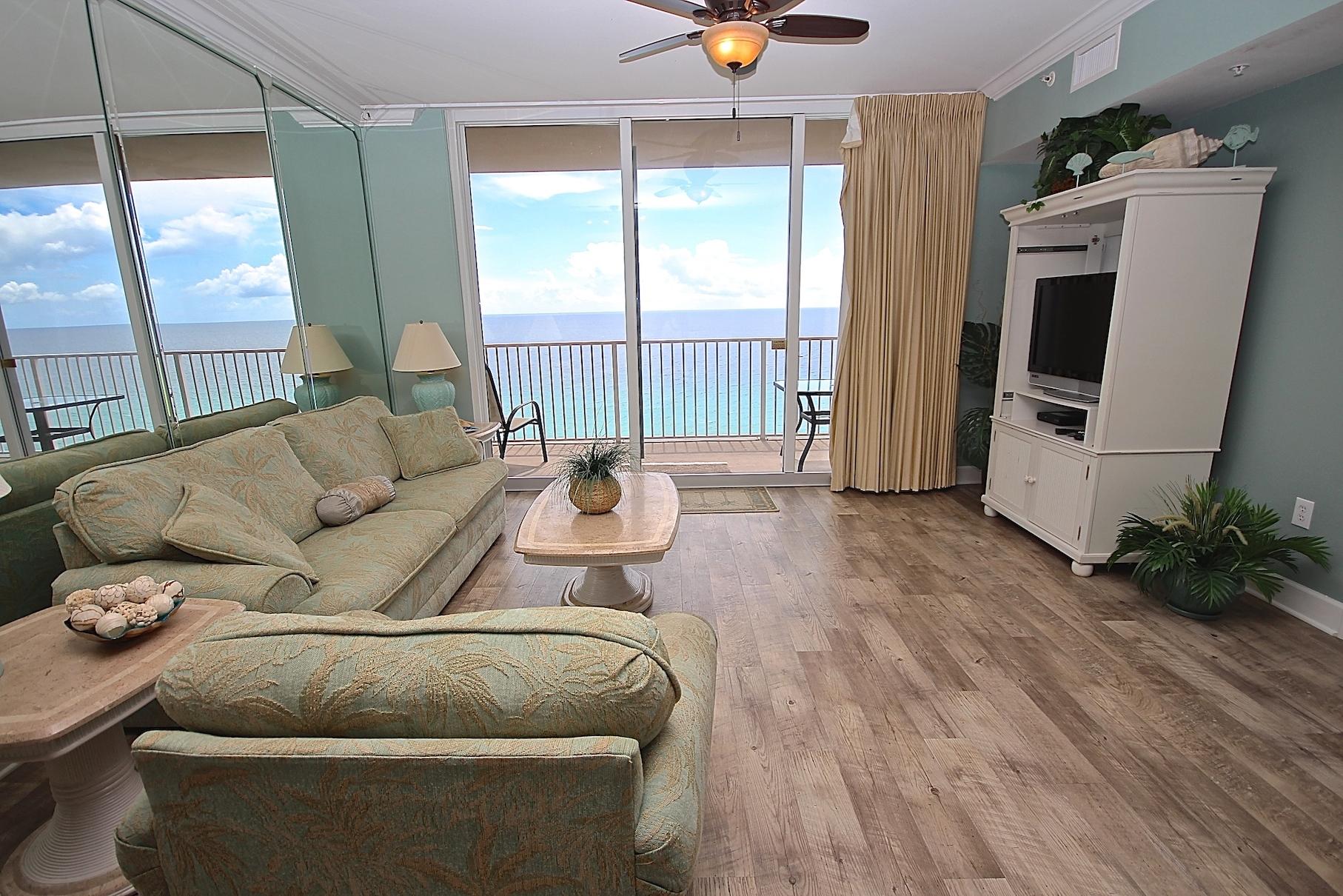 This lovely unit comes furnished and ready to enjoy. Prime floor unit, not too low, not too high on this terrific one bed, two bath unit. This unit comes with an exterior storage unit 13-S3, to store all your beach gear when not using the condo. This is an L plan in a complex which has it all! Unit features full 30ft. wide balcony and master bedroom on the gulf. A cute bunk room with adjacent bath makes this live like a two bedroom. Tidewater Beach has 630' of gulf frontage and a full complement of amenities. The location near Pier Park and the airport make this property the place to be! Two huge lagoon pools on each side of the building, a fully enclosed indoor pool for those rainy days, a 4200 sq. ft. Fitness Center for the fitness buff, Owner's sky lounge, and a 5000 sq. ft. Convention