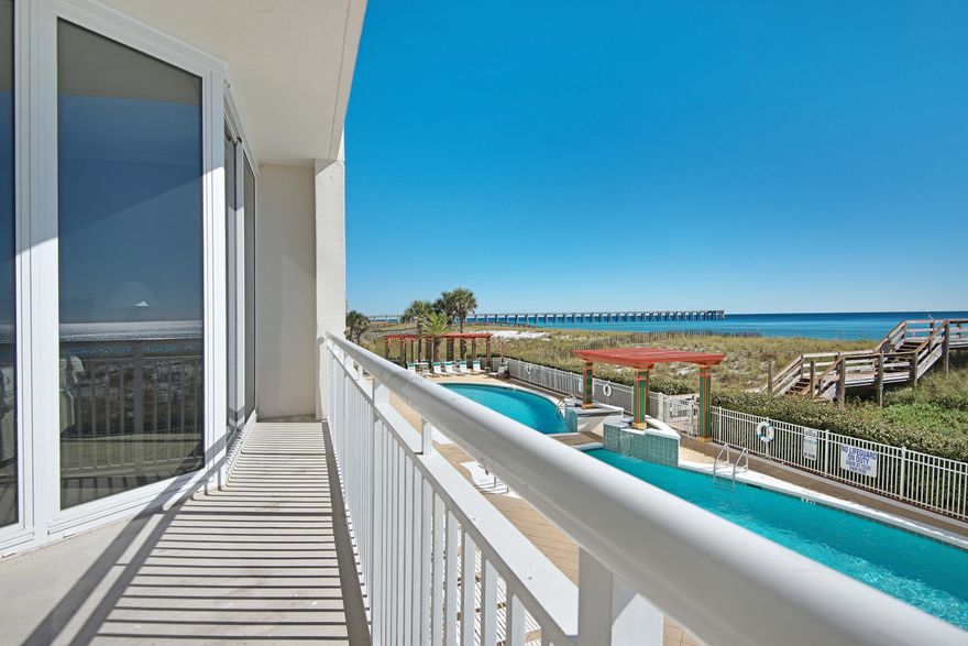 This beautiful 2 Bd / 2 Ba unit offers amazing views of the gulf. The unit offers granite kitchen counter tops & tile through out. The master bedroom features access to to the balcony overlooking the emerald green waters. The Pearl is a gated community offering only the best amenities including 2 gulf side pools.