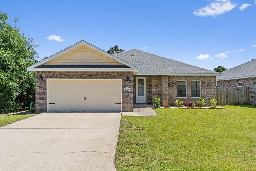 Welcome to 246 Terrance Lane! This all-brick 3-bedroom 2-bath 2 2-car garage has everything but the family to call it home. Upon walking in, you are greeted by the tall double-tray ceiling of the living room, tile flooring, and just the right number of windows to let in the natural light. The Kitchen offers Granite Countertops with a breakfast bar. The kitchen also features Stainless Steel Appliances, a Pantry, and a Dining Area. The split floor, separated by the living room, is a nice touch by the builder. The additional bedrooms are all spacious with generous closet space as well. The Primary Bedroom offers enough room for a king bed with all the extras and still has enough room to walk around. The raised ceiling offers a nice touch of elegance that goes with all the extras in the bathroom. The Primary Bathroom has it all, from matching granite, double vanities, His/her closets, and a separate tub and shower. The backyard offers room for your imagination to run wild, from cookouts to a future pool. The fully fenced-in back yard with the 10x20 covered patio is a great place to start. All within a short drive to Hurlburt, schools, shopping, and restaurants without the hassle of an HOA. This is your place to call home. 