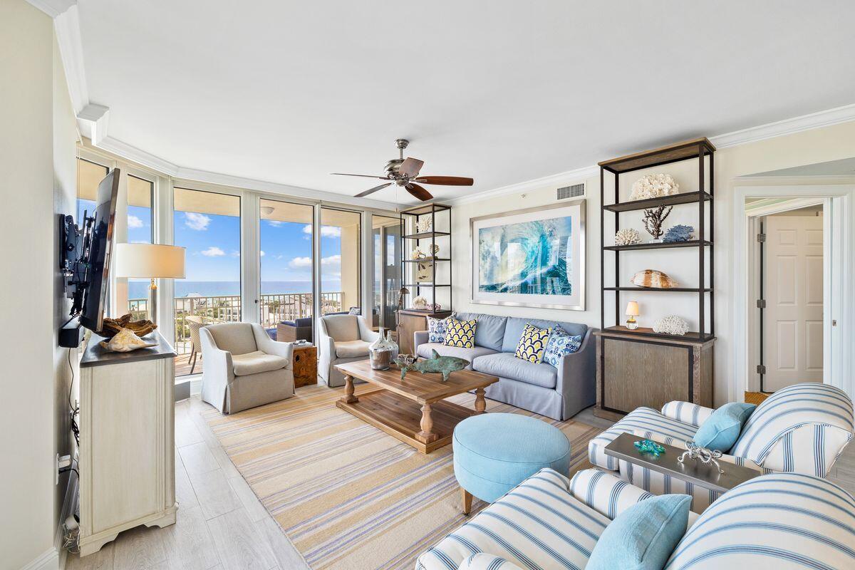 The ultimate luxury residence in the rental restricted One Beach Club Drive community located within the gates of Sandestin Golf and Beach Resort. This ninth floor coveted corner location has a wraparound balcony on the southside delivering breathtaking views of the Gulf of Mexico and a large balcony to the north with expansive views of the resort and the Choctawhatchee Bay.Totally renovated with the utmost in quality throughout. Alluring furnishings, carefully chosen artwork, rugs and home accents convey.