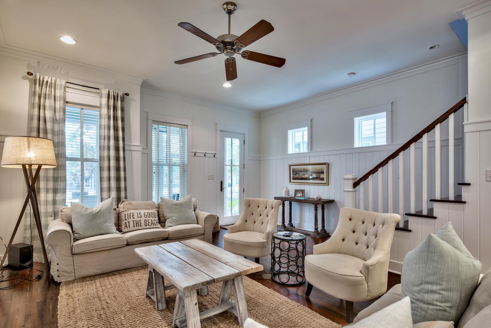 This beautiful 3 BR/3.5 bath home can be found in the prestigious phase 4 development of the Watercolor community, and is located directly across from the Dragonfly pool, making this an ideal option for both a primary residence or thriving investment property. The first floor features an open concept living/dining/kitchen area with a gourmet kitchen including stainless steel appliances, a half bath, connecting laundry room, and a screened-in back porch situated just off the living area.All three bedrooms and bunk room are located on the second floor, each one with their own connecting bath with exquisite tiling and glass enclosed showers. The master suite includes a spacious walk-in closet and a covered balcony off the bedroom large enough for a nice seating area.