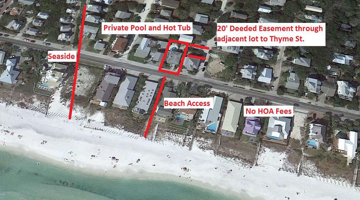Welcome to Seaside Thymes,A fabulous Florida 4Br/4BA beach cottage in the perfect LOCATION! RENTAL PROJECTIONS OVER $108,000! The NUMBERS ARE FANTASTIC! A potential RENTAL MACHINE! This Beach Cottage sits right on the edge of SEASIDE and has a BEACH ACCESS right out the front door. Seaside Thymes features GULF VIEWS, a private pool and hot tub,and NO HOA FEES. The lot features a deeded 20 ft. EASEMENT to Thyme Street that allows easy access to the property and allows the lot to function as a corner lot. Seaside Thymes has been renovated with a new metal roof,fresh paint, new marble counter tops in kitchen and bathrooms, new refrigerator and hardwood and travertine floors.The pool/hot tub has been resurfaced. new vent less gas fireplace. Gulf views from the porches. New grass added