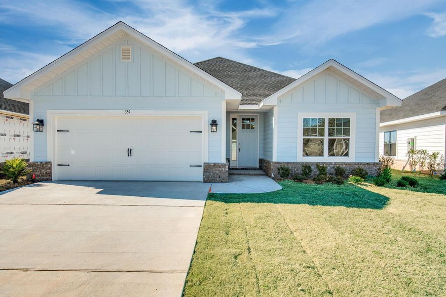 For a limited time...  4.99% fixed rate financing (FHA/VA) + up to $10K flex money + builder pays most closing costs with a preferred lender.New Craftsman style home with a brick skirt and hardiboard siding.  20 minutes to Blue Mountain Beach on the Gulf of Mexico, or 15 minutes to DeFuniak for shopping at Lowes or WalMart, etc. 3 BR / 2 BA with 2 car garage + garage door opener, cathedral ceiling, 8' entry doors, large covered rear patio 15' x 9', quartz countertops, CoreTec Pro Plus Luxury Vinyl Plank flooring throughout, no carpet.  Separate garden tub + shower in Master Bath, Moen faucets, lever handled hardware, attic pull-down stairs.  Fully sodded yard with sprinkler system, well and pump.