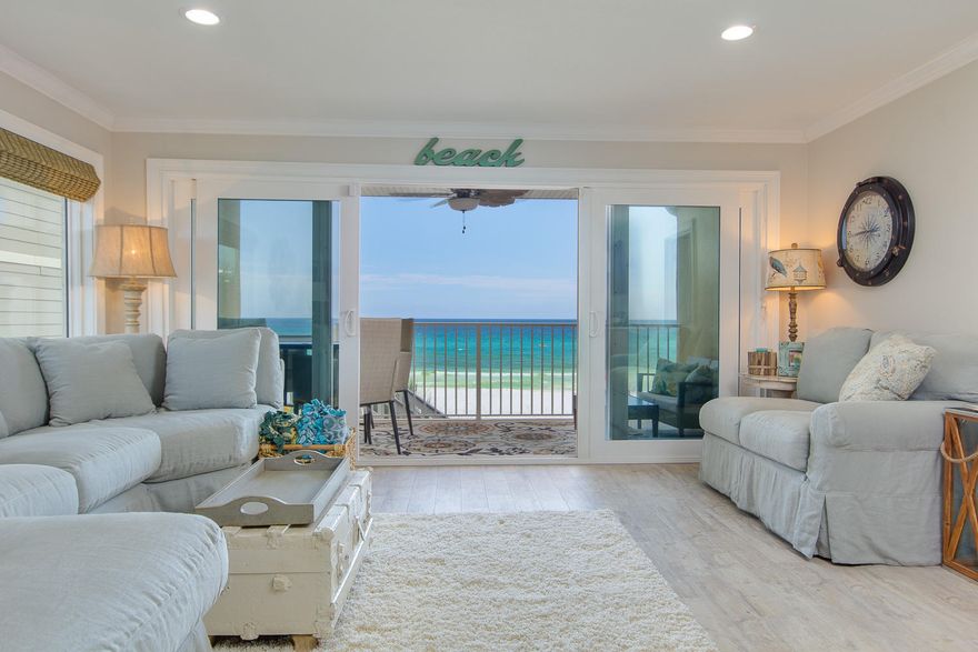 A rare Gulf Front hidden paradise, with 110 ft of Private Beach, in this totally renovated 4 bedroom, 3 bath, NON-RENTAL Condo near Sandestin. Move in Ready with a Beachy & Elegant decor & newly upgraded,(including porcelain wood floors, doors, hardware, windows, window treatments, paint, fixtures & appliances, etc). 2nd floor East end corner unit with open floor plan, combined with awesome Gulf views & well thought out Kitchen, Dining & Living Area decor resulting in enjoyable entertaining. Kitchen boasts over the edge gourmet use & space, extending to 20' island/bar & wet bar, with designer custom cabinetry, with high-end vintage finish & stunning marble countertops & backsplash. Wet bar has sink, ice maker, beverage fridge & storage. 12+ Table seating with additional island/bar seating