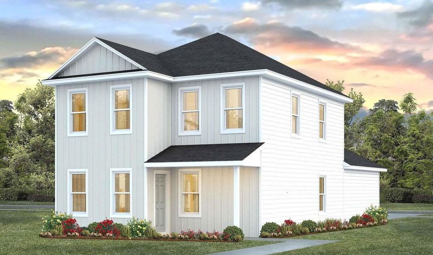 The Owl's Head community is conveniently located off of Highway 331 in Freeport.  We are only 8 miles to Interstate 10, and 16 miles to beautiful beaches and Highway 30 A.  We offer 6 floor plans, 3 and 4 bedrooms.  All homes have rear entry garages.  This community offers a community area with paved walking trails and a spring fed lake. | The Inzer is a 2 story 4 bedroom, 2 1/2 bathroom home.  The primary bedroom is on the first level. 3 bedrooms are on the second floor with a flex space.  This home offers a Front and back covered porches. This home has a half bath downstairs, that is perfect for guests.