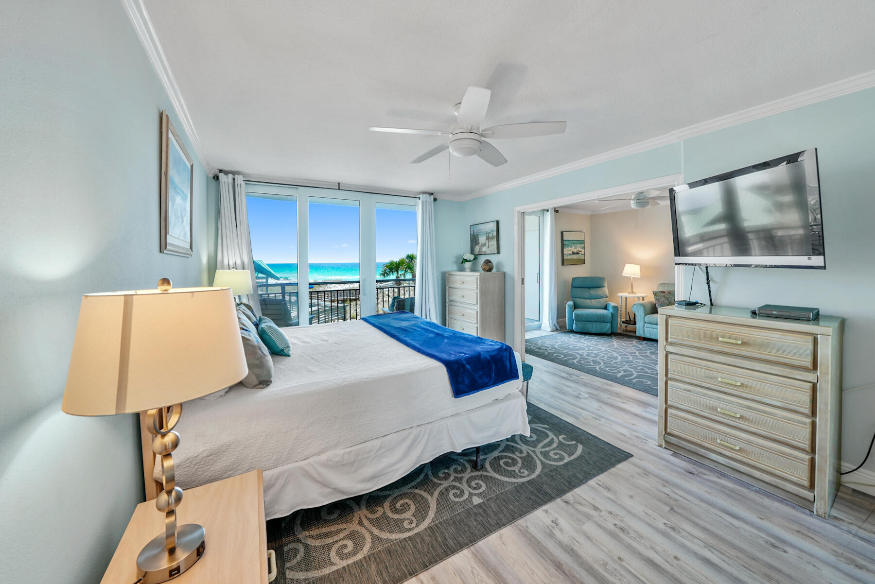 Beautifully updated and elegantly decorated 2Bed/2Bath at the Nautilus with Gulf Views on Okaloosa Island. The sliding doors open the primary and living space to expand your views and make the gulf front condominium feel quite spacious. The split bedrooms make this unit ideal for families on vacation. The large guest bedroom has a queen and a full-size bed along with access to an updated full bathroom. The primary bedroom has an idyllic king size bed with seaside style bedding, and the primary bathroom has been remodeled with coastal modern finishes. The kitchen appliances have been updated along with a Kenmore washer and dryer. Nautilus Condominiums offers a true beach escape with easy access to the white sandy beach, community pool, grill space and near restaurants, shopping and attractions. Enjoy the heated pool in the cooler months as well! Perfect for a vacation rental or summer trips with your family. By sleeping 8 guests comfortably, unit 2308 offers a lot to an investor, second homeowner or a full-time resident. Make an appointment to view this lovely gulf view condominium!