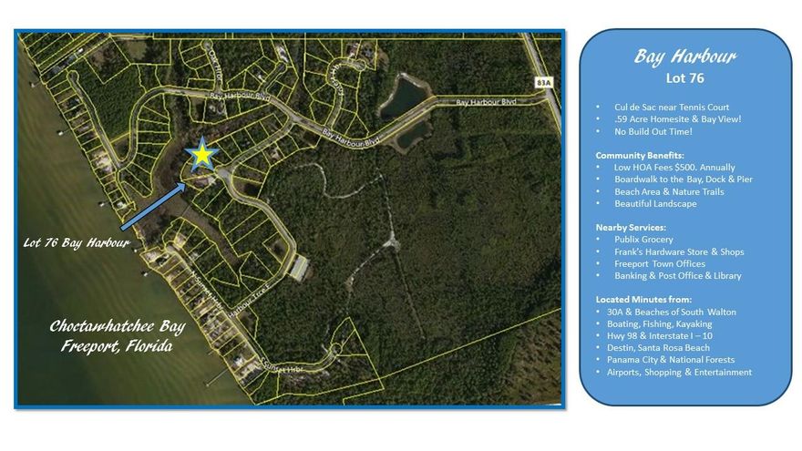 RARE OPPORTUNITY! CHOCTAWHATCHEE BAY VIEW! Build your dream home! Low HOA fees! Low Taxes! Bay Harbour is an impeccably maintained neighborhood & one of the many reasons Freeport,Florida, located along the Choctawhatchee Bay, is growing! Lot 76 is located in the center of theneighborhood and your home can be positioned to enjoy a view of the Choctawhatchee Bay! Enjoy privacy, walking trails, fishing ponds, fountains, community pier and boardwalk. Keep your watercraft in the community locked storage area. Play tennis near the bay! City services available & some tap fees paid! Freeport is growing  new homes now under construction!