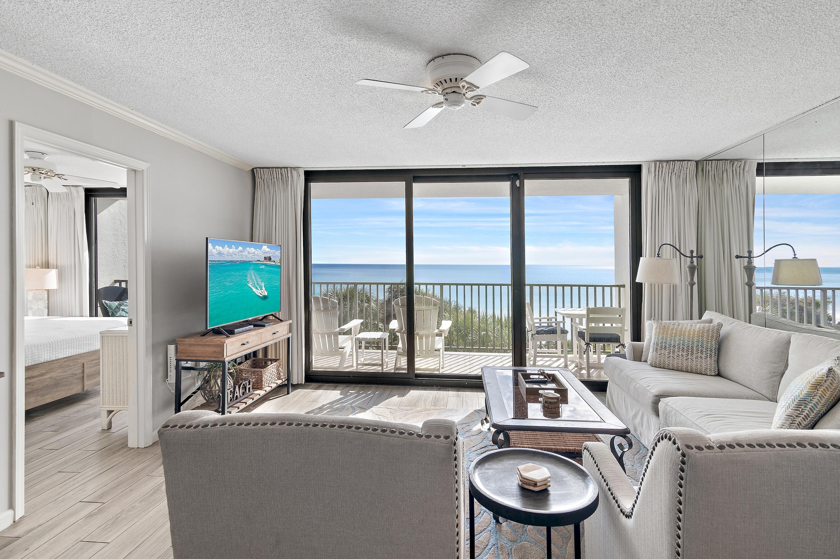 Best price gulf front 2 bedroom condo on 30A East and at One Seagrove Place! Great rental income with loyal repeat renters and the best price make this the best investment at One Seagrove Place.  Motivated seller willing to entertain offers and discuss additional upgrade concessions! Fully furnished and turnkey rental ready! Large balcony off of the master and the main living area with best view in the building just over the treetops, the beach and to the ocean! Best access of all the available units via stairs just outside front door, no waiting on the elevator and front door parking! Perfect for those with pets, guests and frequent entry/exit! Recent HOA and building improvements make this condo an exceptional value and investment on 30A.