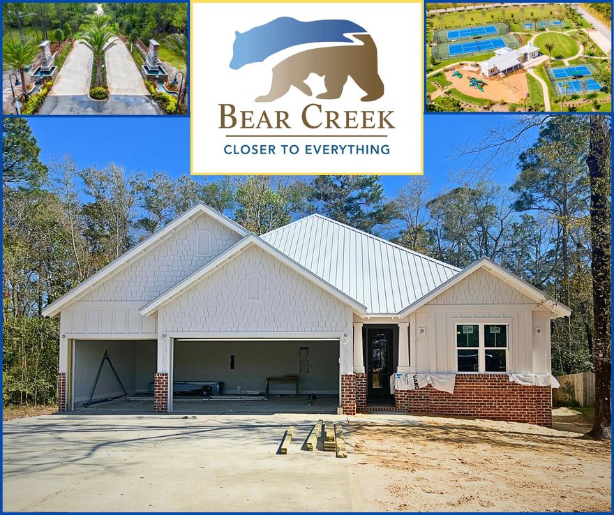 Introducing 123 Sun Bear Circle, a stunning new construction home in sought-after Bear Creek. This coastal craftsman beauty offers an open floorplan with classic South Walton styling, featuring white cabinetry, quartz countertops, and a stainless apron front sink. The primary suite overlooks mature hardwoods and boasts a large walk-in closet, double sinks, and tub inside the walk-in shower. Enjoy the amenities of Bear Creek's gated community, including pickleball, tennis, fitness center, and pool, with a second resort-style pool & 4 additional pickleball courts currently under construction. Take advantage of Bear Creek's prime location minutes to South Walton's beaches, 30A, boat ramps, fishing piers, highways, & the bay. Experience coastal living at its finest - schedule your tour!