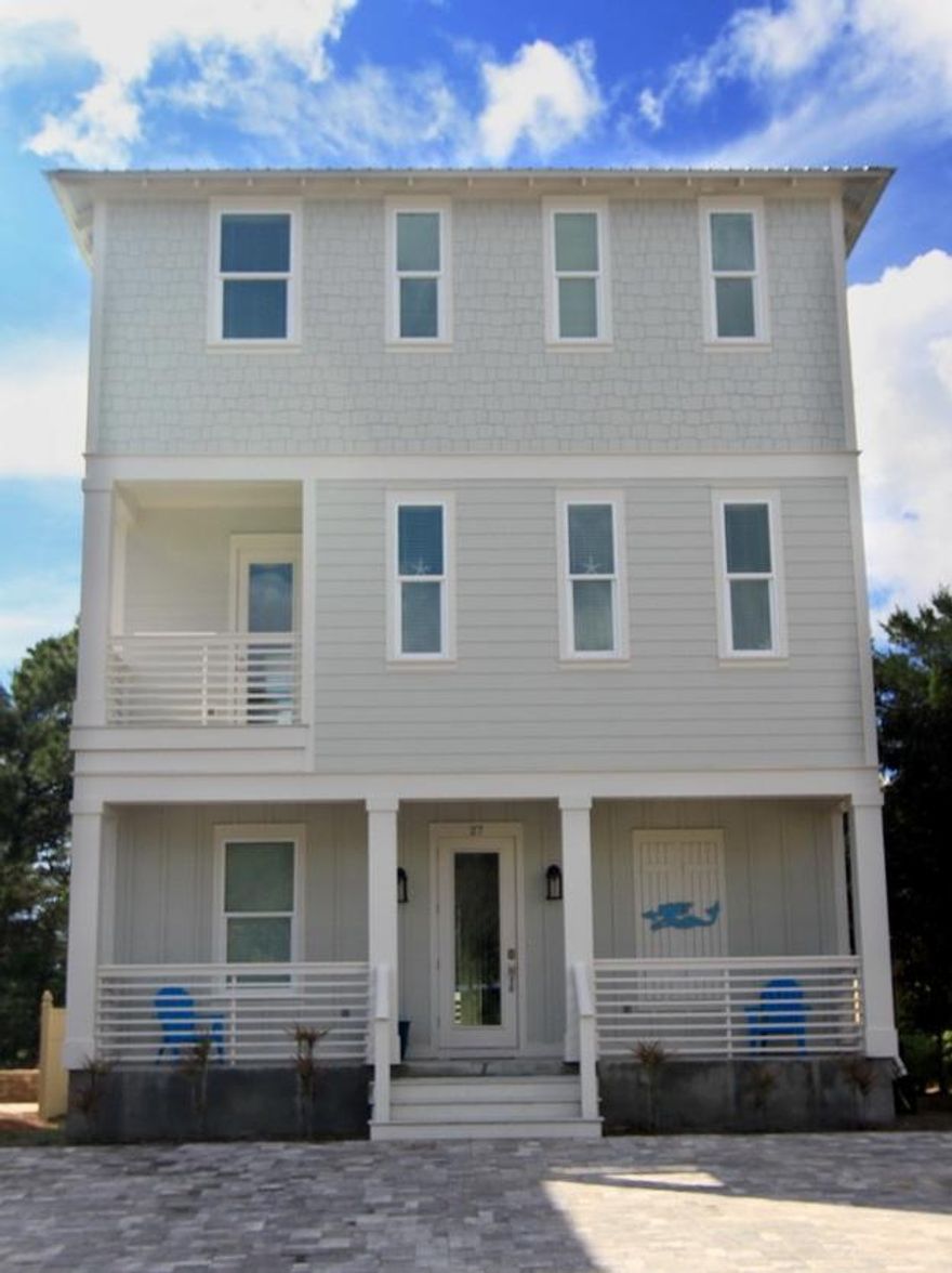This custom home offers luxury coastal living in the highly desirable Coastal Grove development just off intersection of Hwy 393 & Co Hwy 30A. Gated entry to neighborhood offers privacy & minimal traffic, yet is surrounded by FUN! Just around the corner & a short walk to Gulf Place with restaurants, shopping, festivals, concerts, Shunk Gulley Oyster Bar, & Ed Walline park (public beach access is beautifully kept. Amenities include bathrooms, pavilion with picnic table, showers, handicap access, & free parking).Florida Cottage design includes hardy board exterior, metal roof with exposed rafter tails, cozy front porch, & balconies in front/back. Once inside, this effect continues with charming coastal style furnishings & dcor throughout. Quality is evident with high ceilings,
