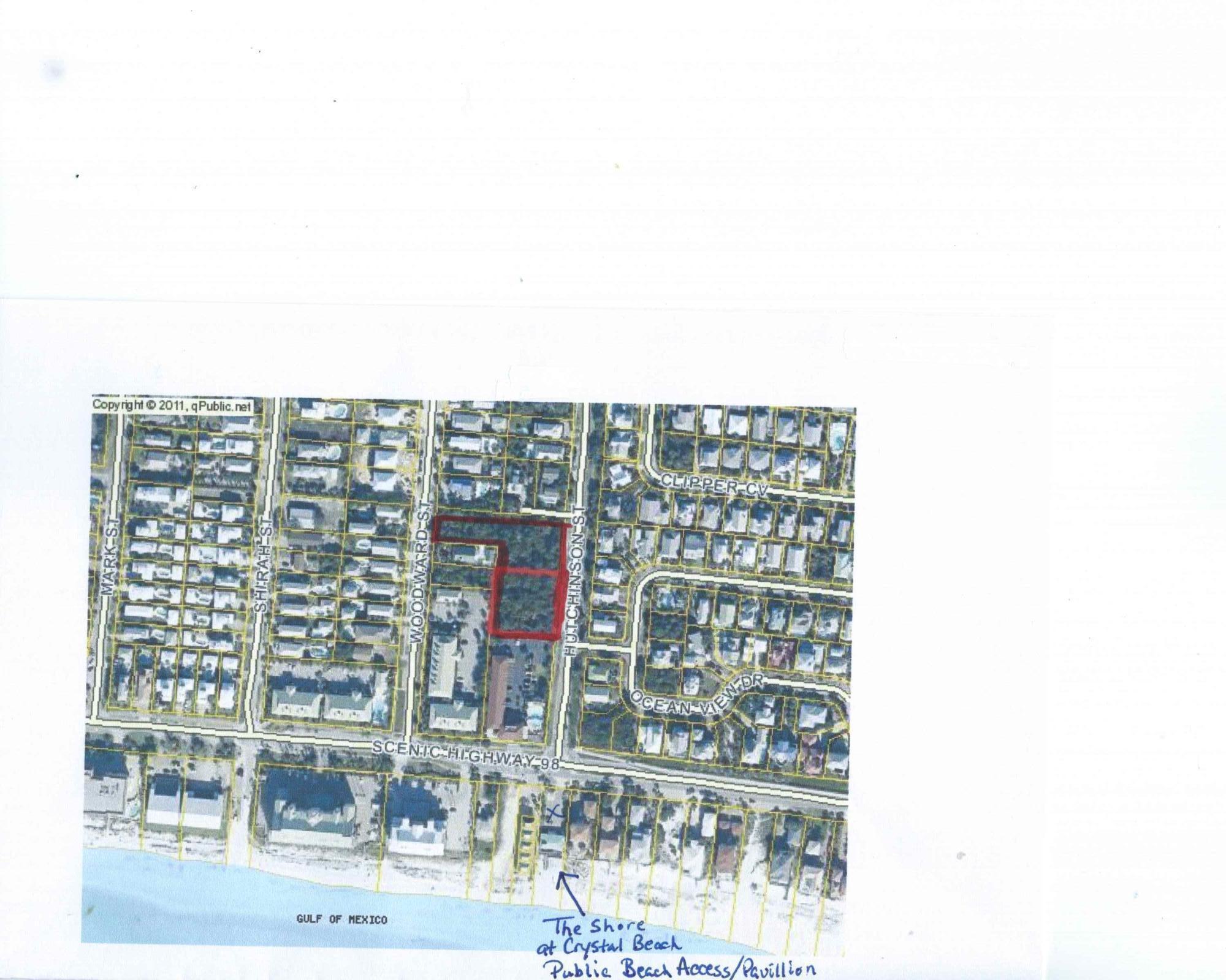 Developers here is probably the last Crystal Beach parcel with commercial possibilities as it in the Crystal Beach Land Use (CBN) Zoning district and Business Tourism (BT). Especially this close to the Beach! See attached documents.There would be a beach view if built several stories high due to the New Shores of Crystal Beach Public Beach access/walkover & Pavillion which is about 200 feet from the south lot line. Located on the Mid Bay Bridge Road, the main entrance into Destin which turns into Hutchinson St. as you head to the beach and a quarter mile to an abundance of shopping and restaurants such as at Destin Commons.Property to be sold as one sale and will not be split up.