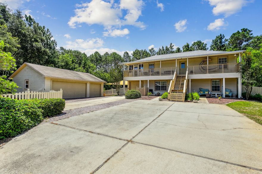 Nestled on an expansive .69-acre lot, this exquisite custom-built residence is a true gem. Boasting a generous 2,500 sq ft, this unique home features 3 bedrooms, 2 bathrooms, a finished Florida room, and a versatile bonus room that can effortlessly transform into a fourth bedroom. The property offers a detached 3-car garage, an expansive workshop with power, and a secluded backyard ideal for a future pool. The main level of the home is thoughtfully designed, with two spacious bedrooms, a full bathroom, a versatile bonus room/kitchenette, and a convenient laundry room/mudroom. Previously utilized as an AirBnB, the home is tastefully adorned, providing both style and functionality. Ascending the stairs to the second floor, you're greeted by an open-concept living space, a commodious great room, and a kitchen featuring a large island. The finished Florida room, equipped with separate AC and washer/dryer hookups, adds to the allure of this residence. The second floor is completed with the Master suite, where you'll find two walk-in closets, a bathroom with a double vanity, a garden tub/shower, and ample cabinet space. Conveniently located just 3 miles from the stunning Navarre Beach, 13 miles from Hurlburt Field, and 1 mile from the Publix shopping center, this home is also in close proximity to top-rated Navarre Schools. Look no further schedule a showing today to experience the charm and elegance of this must-see property!