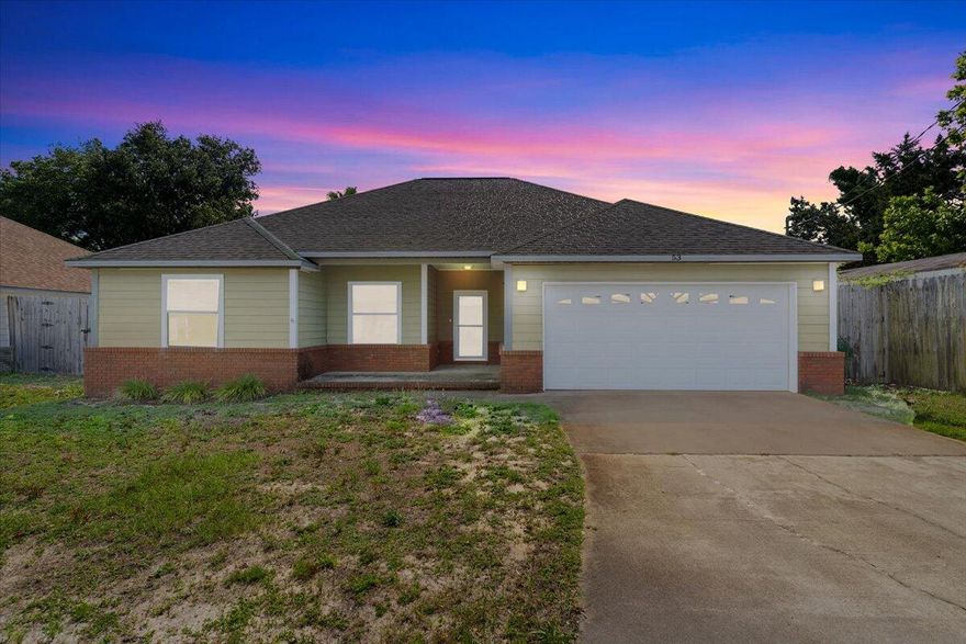 Welcome to this beautifully maintained 3-bedroom, 2-bathroom home with a 2-car garage, ideally located just 10 minutes from Hurlburt Field and only a block from Highway 98.Featuring recent updates from the last few years include, fresh paint and new flooring throughout. This home offers high ceilings and an open floor plan that creates a bright and inviting atmosphere. The kitchen boasts ample cabinet space, stainless steel appliances, and an attached eat-in dining area--perfect for everyday living and entertaining.The spacious primary suite includes a walk-in closet and an en-suite bathroom with a dual vanity. Enjoy the privacy of a split bedroom floor plan, ideal for families or guests.Step outside to a large backyard with endless potential for entertaining, gardening, or simply relaxing in your own outdoor space. Bonus: A brand-new roof will be installed with an acceptable offerbuyers can even select their preferred shingle color!

Don't miss this opportunity to own a move-in-ready home in an unbeatable location!

Updates/Upgrades:
-New LVP flooring placed in 2021
-Entire interior painted in 2023
-New remote controlled ceiling fans throughout
-Guest bath vanity/mirror replaced in 2022
-Back fence replaced in 2021