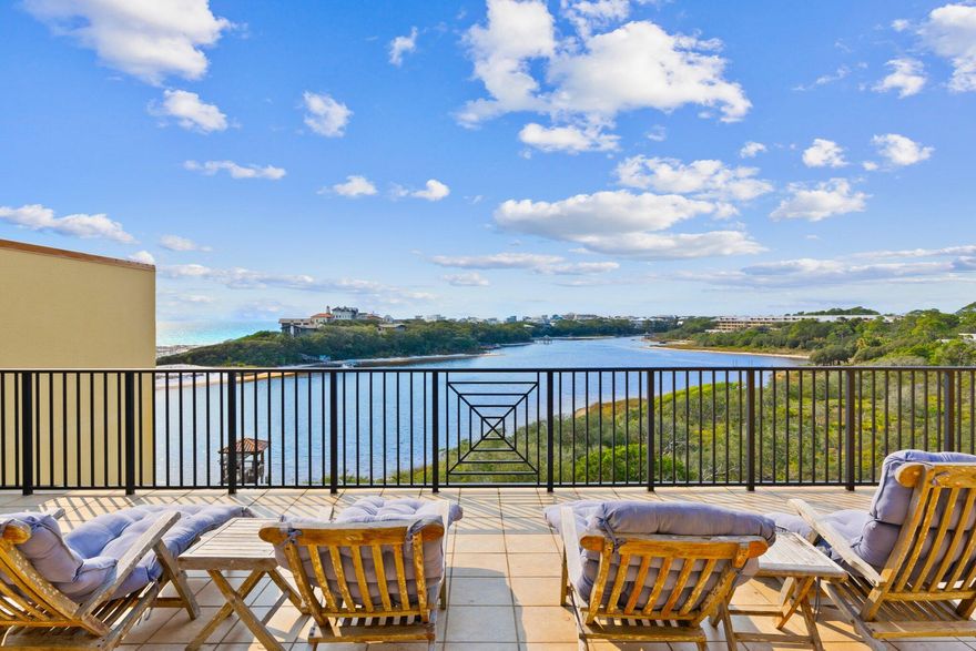 Discover an extraordinary gem along scenic Highway 30A--a 4-bedroom, 4.5-bathroom, two-story luxury condominium in the exclusive Sanctuary by the Sea community. Offering 3,163 sq. ft. of elegant living space, this stunning residence boasts unobstructed southwestern views of Big Redfish Lake and the Gulf from two expansive balconies, including a massive 22' x 38' second-level terrace. Located on the top 2 floors, this fully furnished home is designed for full-time living or a family beachfront retreat. With two waterfront master suites, an open-concept living/dining area, and a chef's kitchen featuring Viking appliances, granite countertops, custom cabinetry, double islands, and a separate beverage station, this residence is built for comfort and entertaining. Additional features include floor-to-ceiling windows and doors, 10-foot ceilings, and a spacious laundry room. Nestled between Grayton Beach State Park and Blue Mountain Beach, this exclusive 23-acre gated retreat offers unparalleled privacy and world-class amenities. Residents enjoy 650 feet of private beach access, three resort-style pools with waterfalls, fountains, hot tubs, and zero-entry access, as well as outdoor gas fire pits and grilling areas. A boardwalk and dock on Big Redfish Lake provide the perfect setting for fishing, kayaking, and paddleboarding. The community also features a golf simulator, fitness center, a theater room, and hot tubs. With 24-hour security, this is a private and peaceful oasis just minutes from WaterColor and Seaside.