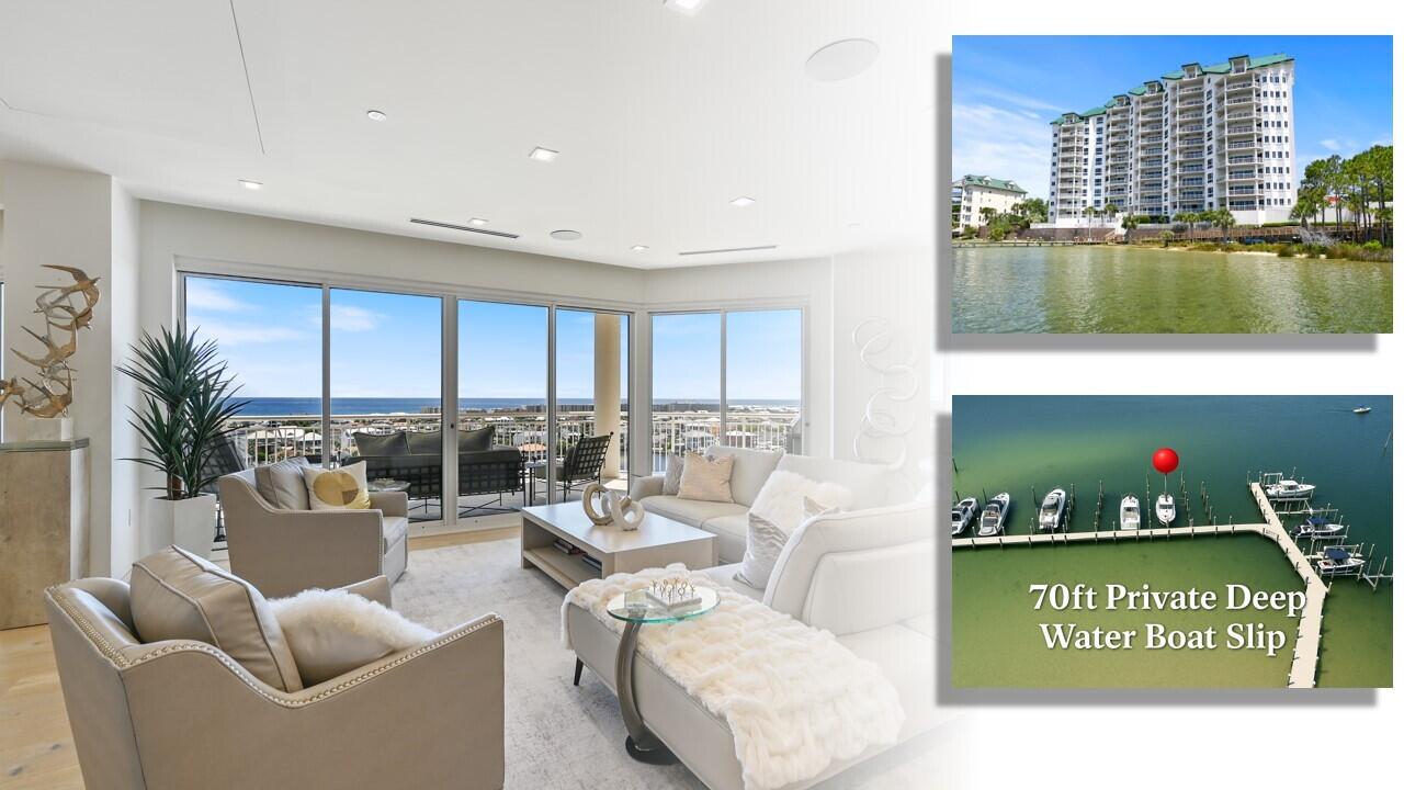 This Grand Harbor Penthouse, the crown jewel of Scenic Harbor in Destin, is a masterpiece of meticulous design and functionality, spanning two floors, with an elevator, including breathtaking views of the Gulf of Mexico, Destin Harbor, East Pass, as well as the Choctawhatchee Bay. Included with the condo is your private deep-water 70' boat slip with a 30,000 lb. capacity boat lift, allowing convenient and easy access to the beautiful clear emerald waters of the Gulf and the Bay. Relax on one of your private balconies while enjoying the most beautiful sunset views anywhere! This beautifully furnished, completely renovated property is also complete with top-of-the-line Miele kitchen appliances...refrigerator/freezer, double oven, two dishwashers, steamer oven, built-in coffee maker, and warming drawers. It also offers exquisite interior decor by a local high-end designer. Beautiful accessories, and state-of-the-art Control-4 electronics fill the home. Exquisitely renovated and completely redesigned, this Grand Harbor penthouse is elevated to even greater heights of luxury, making it the most sought-after residence in the area