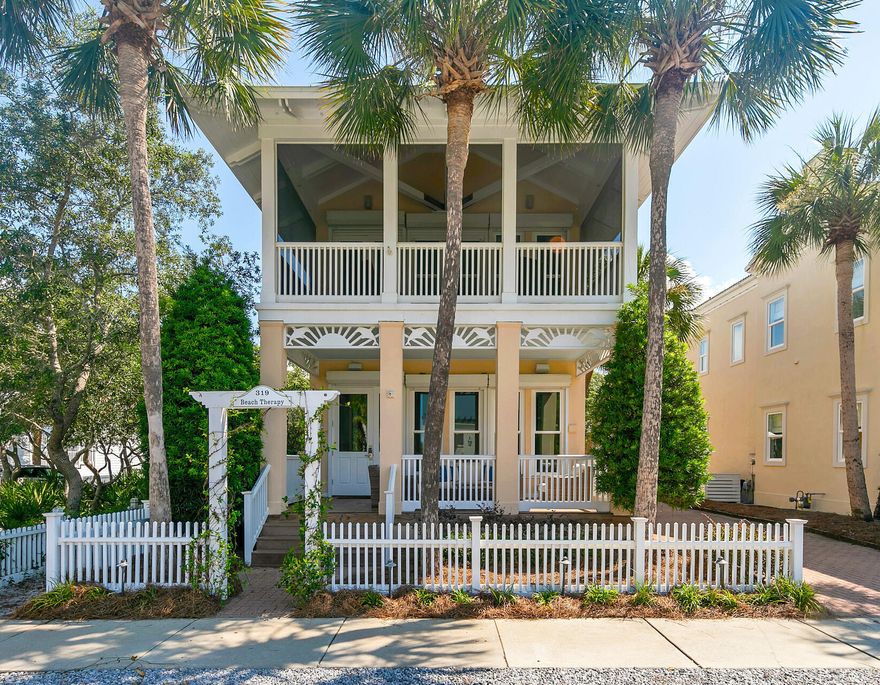 ''Beach Therapy'' is directly across from the beach walkover. Great Gulf Views from the third story tower and balconey overlooking the Gulf and the Carillon Community.The first floor offers a large sitting area with a gas fireplace, updated kitchen with eat in island for the kids. The first floor includes a bedroom and full bath. The second floor offers a bedroom with ensuite bath, hall bunks for the kids, and a very large master bedroom with updated bathroom and giant walk in closet. A screen room off the master is perfect for coffee in the morning. Additionally, a one car detached garage offers great storage posibilities. This house is immaculate and rental ready in a very desirable area of Carillon.