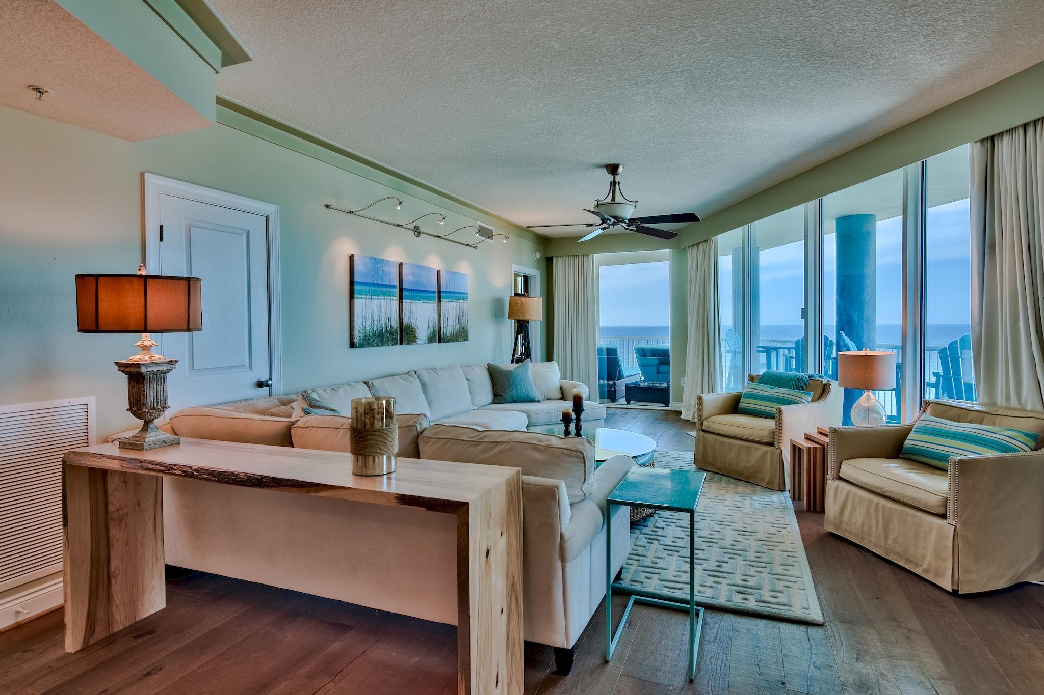 Rare opportunity to own the most desirable floor plan at Palazzo! Unit 408 is a luxurious 3BR/3BA west corner unit lined with floor to ceiling glass windows offering phenomenal Gulf views and two balconies totaling 415 sq. ft.! This stunning unit is being sold fully furnished and is turnkey ready making it an excellent investment. Pride of ownership is apparent the moment you walk in. The unit is beautifully decorated with upscale furniture and chic decor. Boasting 1,874 sq. ft. with 9 ft. ceilings & an open floor plan, this unit has a very spacious feel. The high quality UV tinted floor to ceiling glass allows spectacular views from just about every room in the unit! Gorgeous updated wood plank flooring throughout the living & dining area and tile in the kitchen, ideal for beach living!
