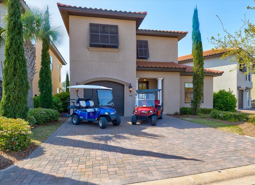 OPEN HOUSE 3/24 and 3/25.  This Exceptional home is one of the largest floorplans in the neighborhood and is ideally located on the #5 fairway of the Baytowne Golf Course.  Watch the fireworks and enjoy the sunset from you private patio and balcony facing the golf course.  Conveniently designed with a full master suite downstairs and open living concept.  Upstairs you will find a 2nd living area and also a 2nd master suite, plus two additional spacious bedrooms each with their own en- suite bath.  This is a true ''home away from home'' and makes a wonderful primary residence, second home, or profitable vacation rental property.  This contemporary coastal beauty comes fully furnished and boasts a 1 car garage with 2 EZGO Golf Carts that also convey with the purchase.