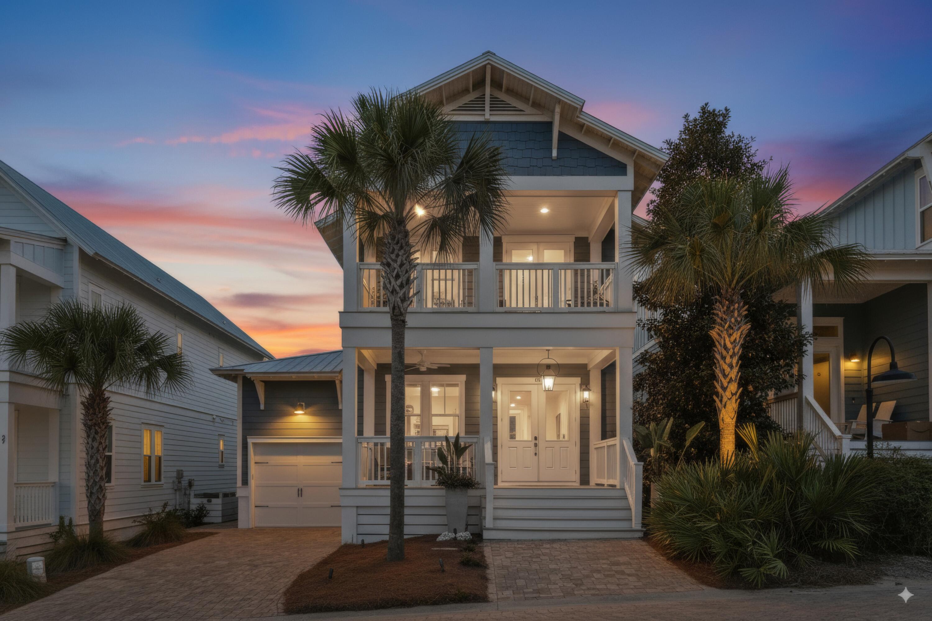 Discover coastal luxury in the heart of Highland Parks. Built in 2016 and never rented, this stunning 4-bedroom, 3.5-bath residence with 2,195 square feet of refined living space combines elegant finishes with thoughtful design for the perfect beach retreat. From the moment you arrive, double front porches welcome you with timeless Southern charm. Inside, the open-concept living, dining, and kitchen areas create a seamless flow, ideal for entertaining. The chef's kitchen is a showpiece, featuring a GE Cafe cooktop, French door refrigerator, and a built-in 144-bottle dual-zone wine fridge. Designer lighting, including an authentic Bevolo gas lantern, elevates the atmosphere throughout. The first-floor master suite offers a serene retreat, complete with limestone flooring, a spacious..... ..walk-in shower, and rain head fixture. Upstairs, three additional bedrooms and two full baths provide ample space for family and guests, with two bedrooms opening onto the large second-story porch. Outdoor living takes center stage with a screened-in porch with TV, perfect for game days, plus a private patio with firepit and fountain for evenings under the stars. After a day on the beach, unwind at Highland Parks' resort-style amenities, just steps away. The lagoon-style pool, hot tub, and pavilion create a coastal oasis unlike any other on 30A. This home blends luxury, comfort, and location to deliver the ultimate coastal lifestyle.