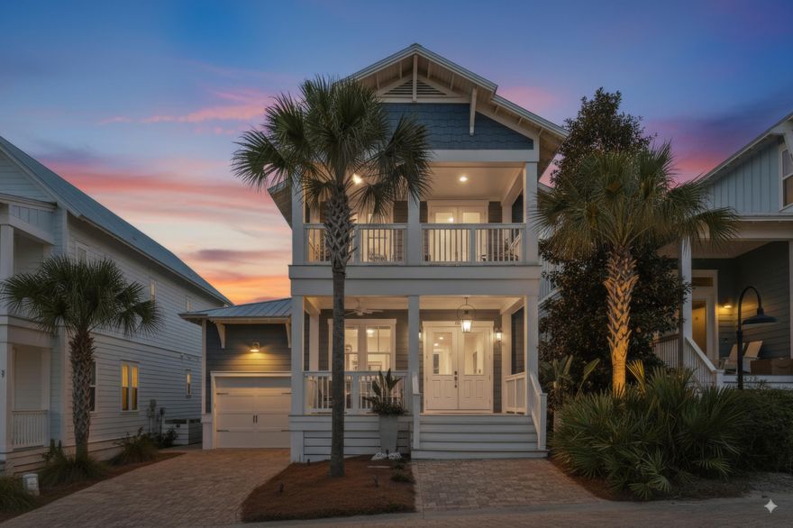 Discover coastal luxury in the heart of Highland Parks. Built in 2016 and never rented, this stunning 4-bedroom, 3.5-bath residence with 2,195 square feet of refined living space combines elegant finishes with thoughtful design for the perfect beach retreat. From the moment you arrive, double front porches welcome you with timeless Southern charm. Inside, the open-concept living, dining, and kitchen areas create a seamless flow, ideal for entertaining. The chef's kitchen is a showpiece, featuring a GE Cafe cooktop, French door refrigerator, and a built-in 144-bottle dual-zone wine fridge. Designer lighting, including an authentic Bevolo gas lantern, elevates the atmosphere throughout. The first-floor master suite offers a serene retreat, complete with limestone flooring, a spacious..... ..walk-in shower, and rain head fixture. Upstairs, three additional bedrooms and two full baths provide ample space for family and guests, with two bedrooms opening onto the large second-story porch. Outdoor living takes center stage with a screened-in porch with TV, perfect for game days, plus a private patio with firepit and fountain for evenings under the stars. After a day on the beach, unwind at Highland Parks' resort-style amenities, just steps away. The lagoon-style pool, hot tub, and pavilion create a coastal oasis unlike any other on 30A. This home blends luxury, comfort, and location to deliver the ultimate coastal lifestyle.