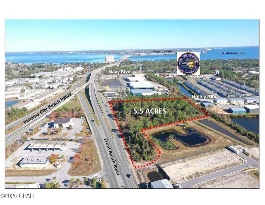 Large 5.5 Acre commercial property located at the southwest corner of Front Beach Road and Holley Lane, at the east-end of Panama City Beach near the on-ramp to the Hathaway Bridge. Zoned C-3, General Commercial within unincorporated Bay County. Approximately 3.5 acres of the property is wetlands that will have to be permitted. The site will require wetlands permitting, clearing, and fill dirt. We have attached the seller's conceptual site plans that include 50,000 square feet of warehouse and office space. The survey is also attached.