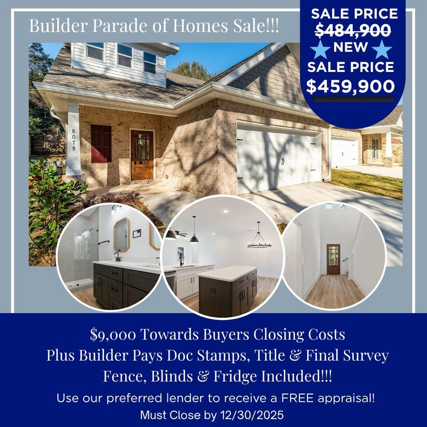 AMAZING PRICE IMPROVEMENT! BUILDER PAYS $9,000 TOWARDS BUYERS CLOSING COSTS, PLUS BUILDER WILL PAY DOC STAMPS, TITLE AND FINAL SURVEY. FENCE, BLINDS & FRIDGE INCLUDED!!! Use Builders preferred lender to receive a FREE appraisal! This Beautiful new construction homes featuring 3 bedrooms and LOFT with 2.5 bathrooms, with the master suite conveniently located on the first floor. The open-concept layout includes a spacious kitchen with quartz countertops, double island, solid wood soft-close cabinets, and a full GE Stainless appliance package. Upstairs, you'll find two cozy bedrooms, a loft area and a full bathroom, offering plenty of versatility for a home office, playroom, or guest rooms. Enjoy outdoor living with a fenced-in backyard. The 2-car garage offers additional storage space. This home is close to top-rated schools, NorthWest Florida State College, Eglin Air Force Base, and just 15 miles from Destin's beaches and shopping. Move-in ready and waiting for you to make it your own!