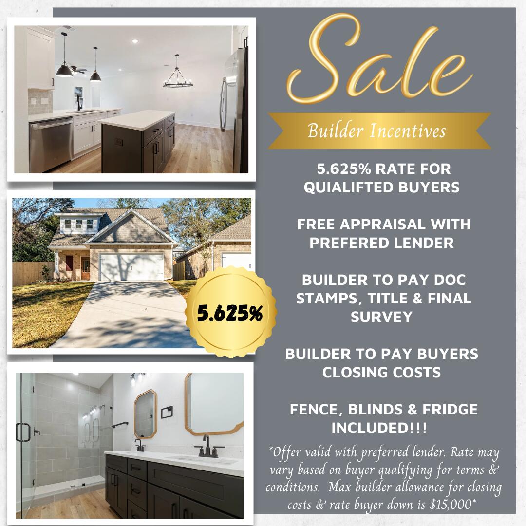 AMAZING BUILDER INCENTIVES. BUILDER OFFERING A 5.625% RATE FOR QUALIFIED BUYERS. PLUS BUILDER WILL PAY BUYERS CLOSING COSTS, DOC STAMPS, TITLE AND FINAL SURVEY. FENCE, BLINDS & FRIDGE INCLUDED!!! Call Preferred Lender for Incentive & Payment Details. This Beautiful new construction homes featuring 3 bedrooms and loft with 2.5 bathrooms, with the master suite conveniently located on the first floor. The open-concept layout includes a spacious kitchen with quartz countertops, double island, solid wood soft-close cabinets, and a full GE Stainless appliance package. Upstairs, you'll find two cozy bedrooms, a loft area and a full bathroom, offering plenty of versatility for a home office, playroom, or guest rooms. Enjoy outdoor living with a fenced-in backyard. The 2-car garage offers additional storage space. This home is close to top-rated schools, NorthWest Florida State College, Eglin Air Force Base, and just 15 miles from Destin's beaches and shopping. Move-in ready and waiting for you to make it your own!