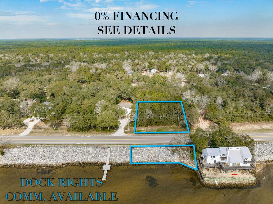 GREAT OPPORTUNITY FOR INVESTOR, DEVELOPER, OR END USER WITH SELLER FINANCING on this large waterfront facing lot on Hwy 20 in Choctaw Beach.  A large portion of this lot is on north of Hwy 20 and a smaller portion is bay front with dock rights.  Zoned residential, but can be used with some commercial uses as home office type business with a 25% floor ration on home square footage.  Seller financing available and avoid the banks and save closing fees. SELLER FINANCING DETAILS:1st year 0% only for first 6month and 4% interest only second 6 months; Year 2 - 5% P&I; Year 3- 5% P&I; Year 4 - 6% P&I; Year 5-6% P&I with balloon payment. No prepayment penalty