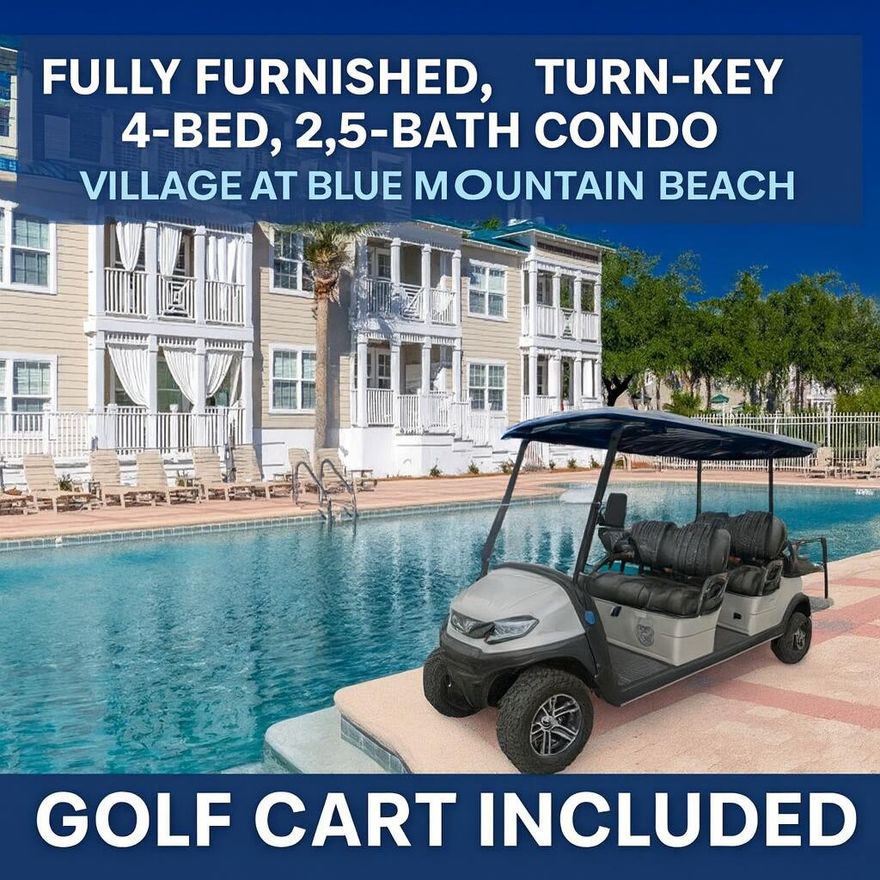 Experience the Best of 30A Living at The Village at Blue Mountain BeachExperience the perfect blend of style, comfort, and profitability in this fully furnished, turn-key 4-bedroom, 2.5-bath condo located in the desirable Village at Blue Mountain Beach.Delivering a $78,000 net profit for 2024/2025, this property offers both an exceptional investment opportunity and the ease of coastal living. The 2023 6-seater golf cart is included, making trips to the beach or exploring 30A a breeze.Step inside to find a thoughtfully designed floor plan featuring a welcoming foyer with a dry bar, a dedicated dining room, and a spacious living area perfect for entertaining and relaxing. The primary suite provides a peaceful retreat with a large walk-in closet, while two stylish upstairs guest rooms share a well-appointed bath, offering comfort and privacy for family or guests. Enjoy your morning coffee or evening breeze on the private porch overlooking the community pool.

This gated community provides resort-style amenities, including an Olympic-sized pool, covered cabana, fitness center, shuffleboard courts, and a charming Village green. Conveniently located just a 2-minute golf cart ride to the beach, you'll also find yourself near boutique shopping, fine dining, golf courses, and all the outdoor activities 30A is known forfrom biking and paddleboarding to kayaking and beach walks.

Whether you're seeking a primary residence, second home, or high-performing vacation rental, this turn-key property offers the ultimate 30A lifestylewhere comfort, convenience, and opportunity come together seamlessly. All you need to bring is your toothbrush! 

Start living your best life on 30A today.