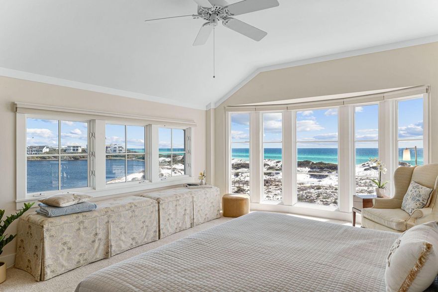 Under Contract with Kick out Clause. This rare top-floor end unit at The Crossings at WaterSound Beach is all about the views. Wake up in the primary suite, raise the remote-controlled electronic window treatments and take in stunning views of Camp Creek Lake and the Gulf of Mexico through two walls of windows including a magnificent floor-to-ceiling bay window. Views of the lake and shimmering Gulf of Mexico are equally breathtaking from the living room, kitchen, dining room and second bedroom. Wood flooring and feature windows enhance the stunning sitting room which shares the panoramic vista with the dining room and kitchen. The kitchen has a full range of wood cabinets, stainless steel appliances and granite countertops for smoothly preparing tasty snacks and gourmet meals.