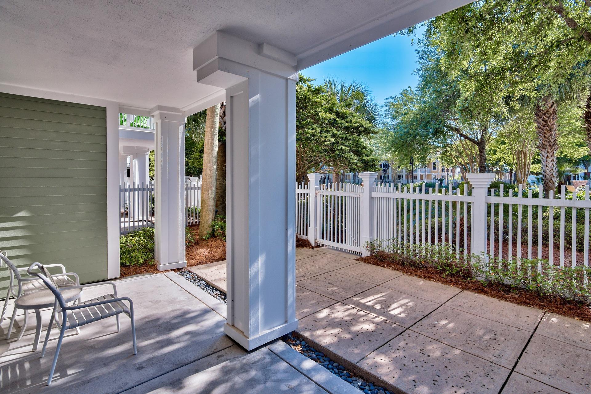 Your very own Private courtyard surrounded by a white picket fence makes this a very sought after location. Just open your gate to access the lushly landscaped amenities terrace featuring a resort style pool, hot tub, fitness center, lawn, and lovely grilling area. The 2 bedroom, 2 bath lock-off configuration offers flexibility for rental and personal use, as a either a 1 bed, 1 bath and a studio or a 2 bedroom, 2 bath. Just a few steps and you are in The Village of Baytowne Wharf with all the entertainment, dining and shopping your heart desires. Ride bikes or take the tram to the Beach, Marina, Tennis Center and Golf Courses. A separate storage cage conveys as well.