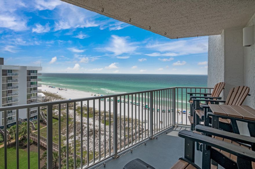 Gorgeous Gulf views offered from this top floor, 3 bedroom/3 bath unit at the gated complex Mainsail! Situated on the far South side of the building one unit from the end, the unit offers lots of natural light from the mirrored walls and vaulted ceiling, as well as the upper additional windows. Upgrades include shiplap on ceilings in the main living areas and bedrooms, tile floors throughout, minibar, and impact rated high end EAS sliding glass doors. The reconfigured kitchen offers upgraded cabinets, countertops, with a counter height bar, as well as upgraded lighting and plumbing fixtures and appliances. The master suite offers access to the private patio, and all 3 bathrooms have updated showers and countertops. Also featured is an exterior owner's closet for storing your beach gear.