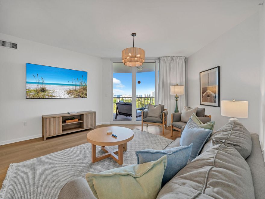Welcome to your beautifully renovated coastal retreat in The Palms of Destin -- ideally located in the heart of Destin, Florida! This 2-bedroom, 2-bathroom condo spans 970 square feet and offers a thoughtfully designed, fully updated space ideal for full-time living or the ultimate vacation getaway. Nearly every inch has been updated, including fresh paint throughout (Snow Bound by Sherwin-Williams), freshly painted baseboards and trim, and brand-new LVP flooring. The kitchen has been elevated with a neutral subway tile backsplash, under-cabinet lighting, a charming shiplap kick plate beneath the breakfast bar, and a new GE French-door refrigerator with bottom drawer freezer and in-door ice and water dispenser. It comes fully stocked with new flatware, utensils, glassware, and cookware. The condo also boasts brand-new furniture throughout, including a dining set, barstools, plush living room furnishings, a 65" wall-mounted smart TV, and tasteful accents and lighting. The primary bedroom features a king-sized bed, dresser, end tables, area rug, and ambient lighting, while the second bedroom has twin bunk beds, personal lighting, an area rug, and a wall-mounted 32" smart TV. A new high-efficiency stackable washer and dryer is also included. Step onto your private balcony to soak in stunning west-facing views of the Gulf, downtown Destin, and seasonal, weekly fireworks over the East Pass. Positioned near the elevators for ultimate convenience and just steps from resort-style amenities including a lagoon-style pool, spa, fitness center, BBQ grills, playground, pickleball and tennis courts, and an on-site bar and restaurant. Enjoy hourly shuttle service to the white-sand beaches, premier shopping, and dining destinations. Located just 30 minutes from Destin-Ft. Walton Beach Airport and near attractions like Big Kahuna's Waterpark, The Palms of Destin is where convenience meets vacation luxury.