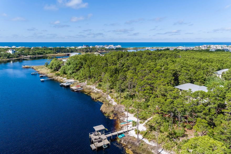 Live the lake life on a rare coastal dune lake, within the secluded gated community of The Landing at Camp Creek. Located on 30A's east end, directly across from Watersound Beach and just 2.3 miles west of Alys Beach. Seize the chance to enjoy picturesque vistas daily on this rare, coastal dune lake of Camp Creek Lake. No short-term rentals are permitted, adding to the quiet privacy. This well-appointed, lakefront residence with carriage house embraces a unique ambiance where coastal nature abounds. It boasts expansive porch views and is surrounded by natural preserves. The large site banks down to your own private dock and natural beach, spanning 68 feet of natural lake frontage and ...