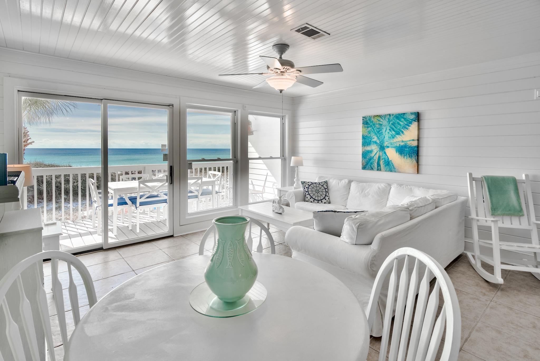 Enjoy brilliant gulf views with low HOA fees in this chicly designed townhome. Easy conversion to a 4 bedroom with the addition of a closet thus increasing the already powerful rental capability. On the first floor enjoy a spacious sitting room and bedroom with a private patio looking out to the water. The kitchen and family room are on the main floor as well as a balcony with breathtaking views. The master and guest suite are located on the third floor. Coastal white decor throughout. Being sold fully furnished, with the exception of a handful of personal items.The small community of Seahaunts has a private pool and private boardwalk to the beach. Located on the west end of 30A, a short stroll to Gulf Place.New roof + fridge in 2017 and new HVAC in 2018. Owner Financing Available