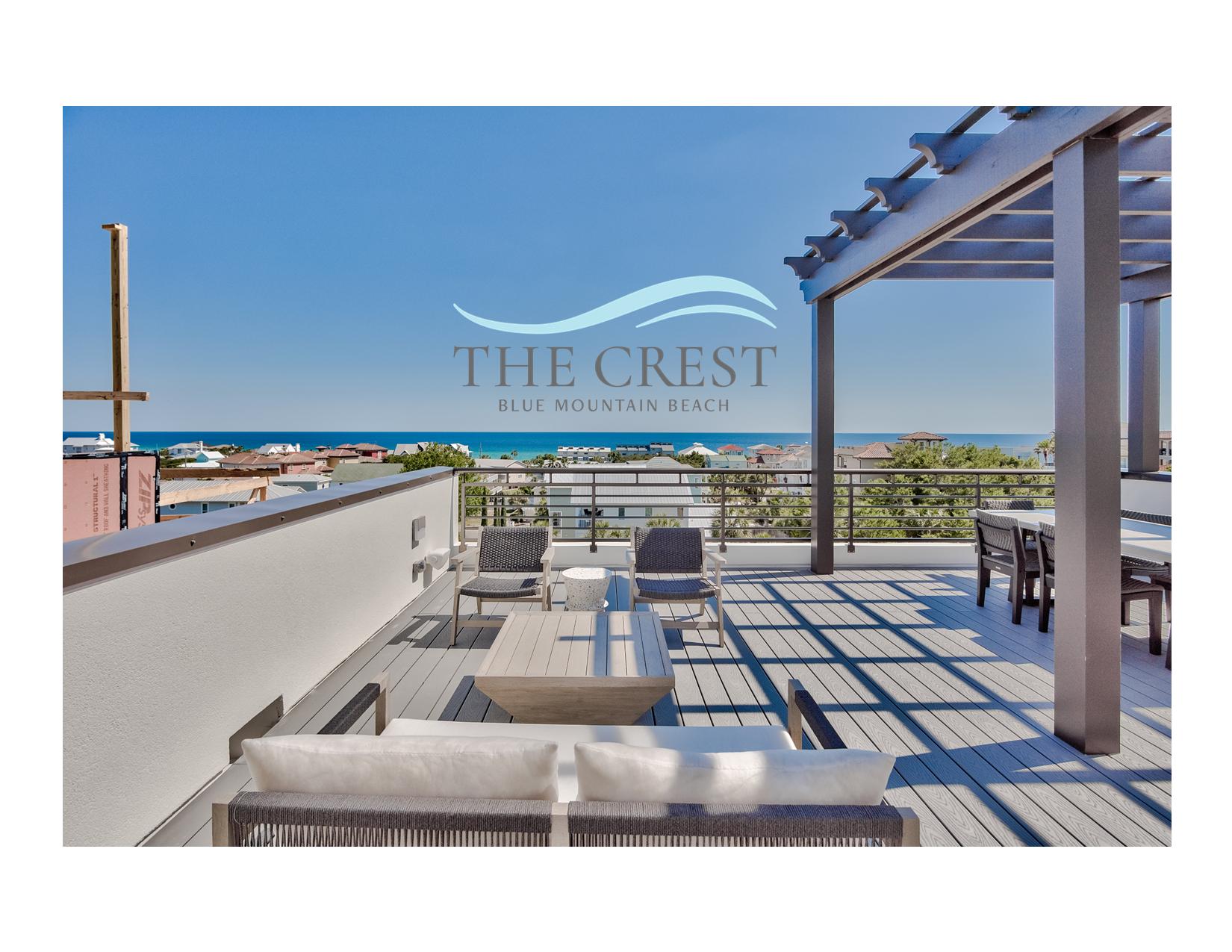 THE CREST is the newest, luxury, gated community on Hwy 30A! The Crest provides stunning, contemporary architecture & views of the Gulf from Destin to Panama City! Conveniently located in Blue Mountain Beach on one of the highest points on Hwy 30A, the view from the rooftop terrace is simply stunning! This 3500 sq ft home boasts 5 bedrooms, 5.5 baths and two spacious living areas. The Crest affords its owner quality (partial steel) construction along with extra space to enjoy those family days at the beach without the paying the price of gulf-front! A few of the many amenities include a community pool, poolside cabanas, separate storage for each unit, a golf cart for each owner...all of this in a gated community!