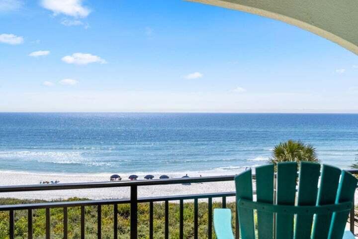 FRESH INTERIOR PAINT SCHEDULED. PRIDE OF OWNERSHIP in this immaculate Top floor condo A13 in Palms at Seagrove. NEWLY renovated a short while ago it boasts Quartz countertops, new natural textured cabinets, stainless appliances nestled in an open concept kitchen, living room combo. Newer tile floor that emulates wood flooring. Tastefully decorated from the bedroom furniture to the living room. Hall bunks add that sleeping capacity to six with the pull-out couch. Great gulf views from the kitchen and living room and a large balcony with amazing easterly and westerly views. Palms at Seagrove is a PRIVATE BEACH so you and your Guests enjoy the privacy and space this provides. Private access to the Beach only for this complex makes for a pleasant experience for those short-term rental guests This unit did $90,000 in 2020 and maintains $60,000 gross. Self-rented at the moment. Sellers have owned for years and have enjoyed this condo with family memories and returning guests. A change of direction leads the sellers to sell so You be the new owners to enjoy this condo and reap the benefits of a solid association and great rental income. Come see for yourself! Book a private showing today! Buyer and Buyers agent to verify all measurements and anything deemed important.