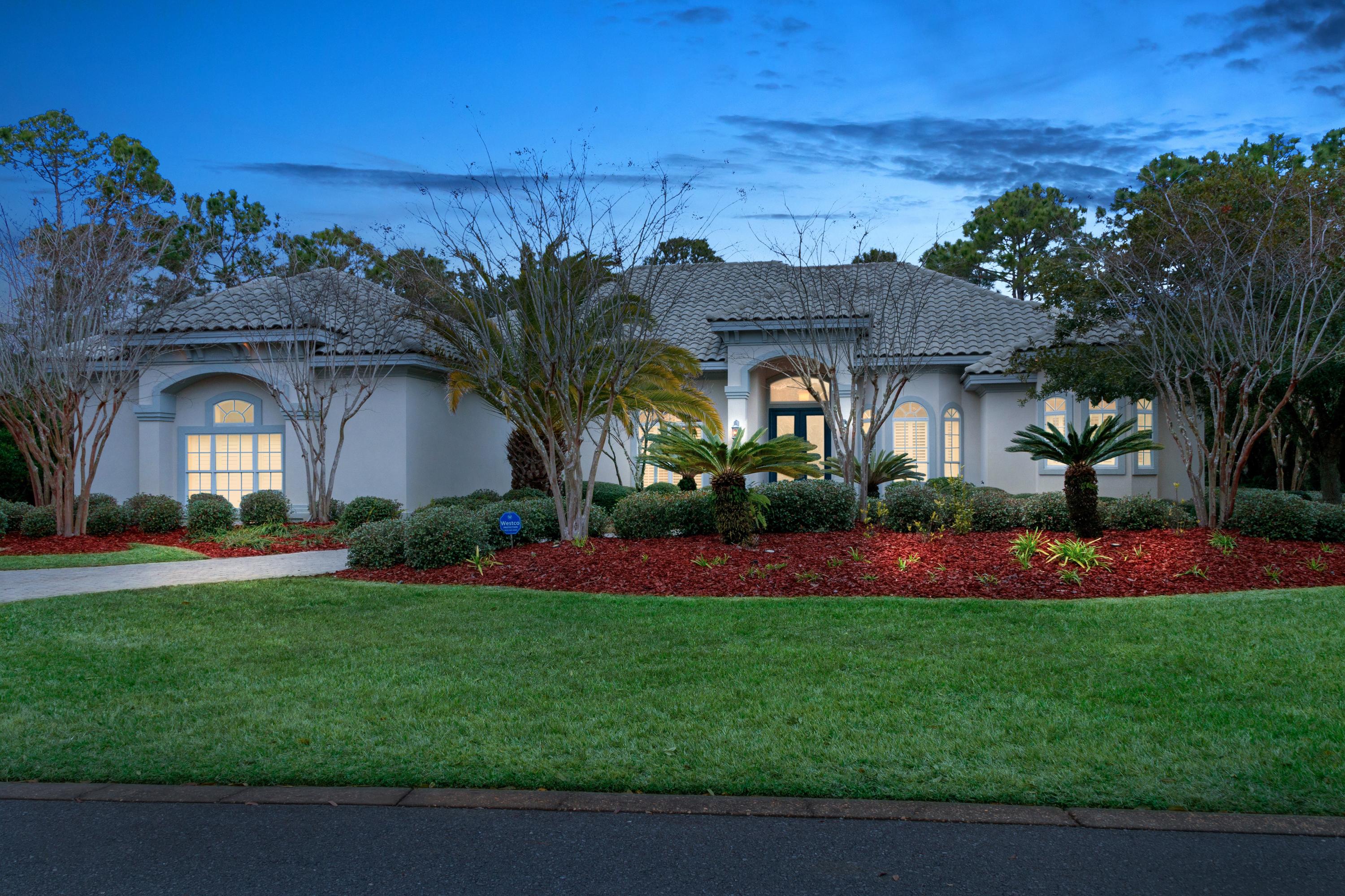 Within Kelly Plantation, Destin's premier gated community, stands this custom-built home by renowned Boswell Builders. Situated on one of Kelly Plantation's largest lots (.81 acres) with views of the nature preserve from the back and east side for the utmost in privacy for outdoor enjoyment. This one owner custom home is a single level, 4-bedroom, 4.5 bath home with separate office, formal dining, transition entry room, and two separate outdoor entertaining areas. The home also sits on an oversized lot with circular driveway, side entry 2 1/2 car garage with golf cart entry. Once inside the home you will be greeted by a beautiful entry, with double beveled glass doors opening into a 12-foot ceiling foyer and transition room with a view of the pool and nature preserve.. READ MORE