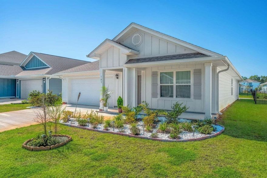 Welcome to this beautifully maintained 4 bedroom, 2 bathroom home located in the highly sought-after Riverwalk community of Freeport. Designed with a comfortable split floor plan, this home features an open and airy living area - perfect for everyday living, family gatherings, and entertaining. The kitchen offers modern appliances, generous counter space, and seamless flow into the main living area.The primary suite provides a private retreat with an en-suite bath and a walk-in closet, while the additional bedrooms offer flexibility for guests, home office space, or family needs. Enjoy the convenience of an attached garage and relax outdoors on the covered patio overlooking the backyard;ideal for morning coffee or evening unwinding. Riverwalk is a welcoming neighborhood  with sidewalks and community amenities, all while being conveniently located near schools, shopping, and the stunning beaches of South Walton. This home offers the perfect balance of comfort, location, and lifestyle; don't miss your opportunity to make it yours. All measurements are approximate; verify if important.