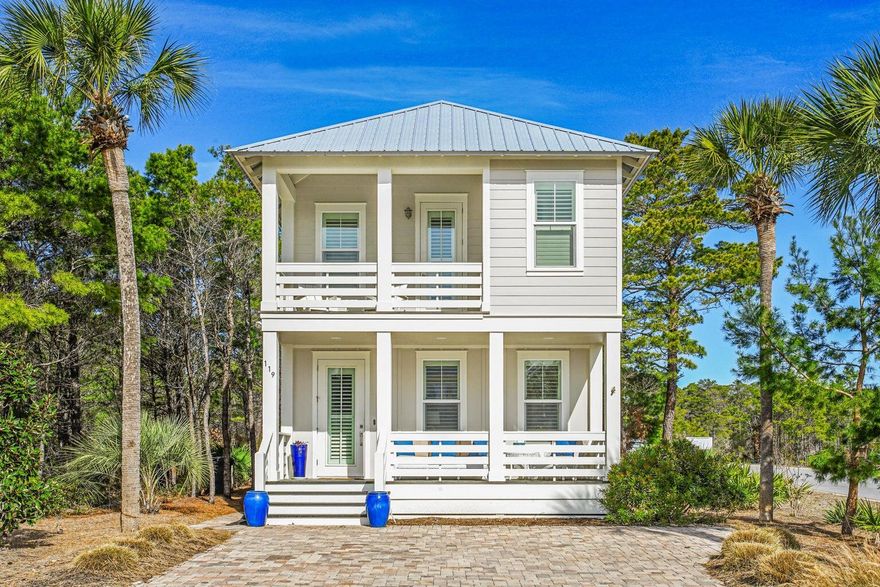 Minutes to the Beach. This beach cottage sits on a corner lot with plenty of room for a back yard accent pool. It is being sold fully furnished and rental ready. Built in 2016 and meticulously maintained. The floor plan is open with modern coastal finishes and fresh upscale furniture. The main floor offers living, dining and kitchen as well as half bath, laundry and one master suite. The second floor offers another master suite with private porch along with 2 additional bedrooms and a shared bath. Special features include multiple porches, rear patio, a golf cart garage. The kitchen is ready to entertain with upscale counter tops and newer stainless steel appliances .Shadow Pines is a charming neighborhood with lighted streets, private community pool.