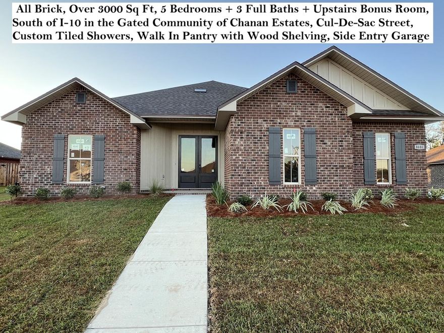 OCTOBER UPDATE DOWN TO THE FINAL TOUCHES. CLOSE IN 30 DAYS! South of I-10 Located in the Gated Community of Chanan Estates with County Property Taxes. Be the 1st to live in this BRAND NEW 2025 Brick Home. FLOOR PLAN and Updated photos are attached, and some SAMPLE PHOTOS ARE LABELED.  Perfect for MULTIGENERATIONAL Living or HOME OFFICE, HUGE UPSTAIRS BONUS Room Plus 5 Bedrooms & 3 Full Baths Downstairs. Oil Rubbed Bronze Finishes, QUARTZ Counter-Tops, STAINLESS Appliances Include, ISLAND RANGE HOOD, Slide-In Range, MICROWAVE, Dishwasher, UNDER & OVER CABINET LIGHTING, Single Bowl Apron Sink, WALK-IN PANTRY with CUSTOM WOOD Shelving. MASTER SUITE - Private French Door Rear access to the Back Porch. Tray Ceiling with Stacked Crown Molding & Rope Lighting, Ceiling Fan, CUSTOM WALK-IN TILED SHOWER with Oversized Recessed NICHE. Freestanding SOAKING TUB, with TILE SURROUND, 2 Separate Quartz Top Vanities, Walk-in Closet with Custom Built Wood Shelving combined with Vented Shelving, Private Water Closet. Over 2500 Square Foot of Vintage Gray Porcelain Tile on the First Floor with Carpet upstairs. 8 Foot French Door Entry. 2 Car Side Entry Garage. ALL BEDROOMS Have Walk-in Closets and Ceiling Fans. BUILDER PAYS MOST CLOSING COST, ASK FOR DETAILS. No City of Crestview Property Taxes. Mechanical and Other Information: AstroGuard Hurricane Fabric for Windows & Doors is Included with this Home. SPRAY FOAM ATTIC INSULATION. The Yard will have a Sprinkler System Installed. ALL THE FINISHES IN THE SAMPLE PHOTOS WILL BE THE SAME ON THIS HOME EXCEPT THE EXTERIOR VINYL ITEMS COLOR, GARAGE DOOR COLOR, HARDI BOARD COLOR, AND SOME OF THE LIGHT FIXTURES MAYBE DIFFERENT. HOA Dues $220.00 Per Quarter + $41.00 Per Quarter SA & CC of 0.25%. 