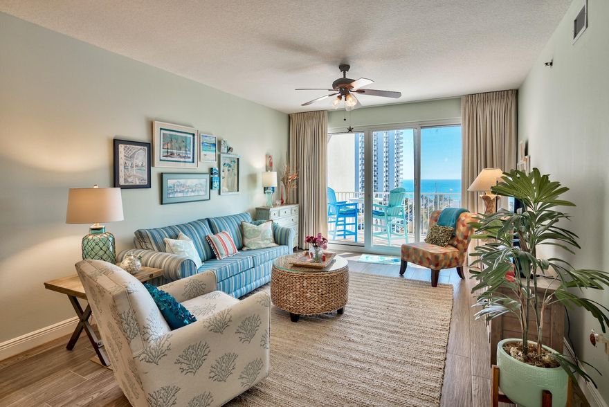 This unit is situated in the perfect spot in Ariel Dunes to give you fantastic gulf views. Enjoy the emerald green waters of the Gulf of Mexico from the living room, master bedroom, and oversized balcony. This well maintained condo has mostly been used as a second home, and is in pristine condition. Unit 608 has been updated with tile wood floors, glass backsplash in the kitchen, custom black out shades and fun beachy furnishings. This gated community offers amenities such as golf, tennis, and a large south-side pools. The project also has a fitness center, meeting room, and convenient deeded access to over 2,000 feet of sugar white sand beach less than 200 yards away.